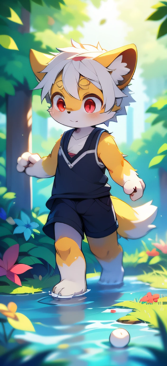 Yellow-haired barefoot Xiao Shota walking in the sea of flowers，(Light yellow fur， Detailed fur， Red eyes， White hair），adolable