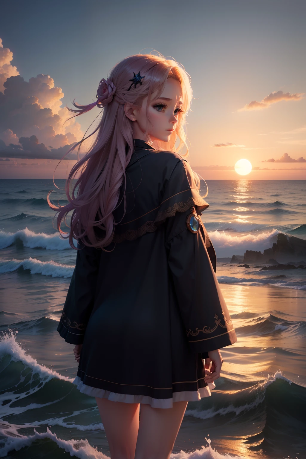 dusk, sunset, on the ocean, masterpiece,best quality,official art,extremely detailed CG unity 8k wallpaper,
