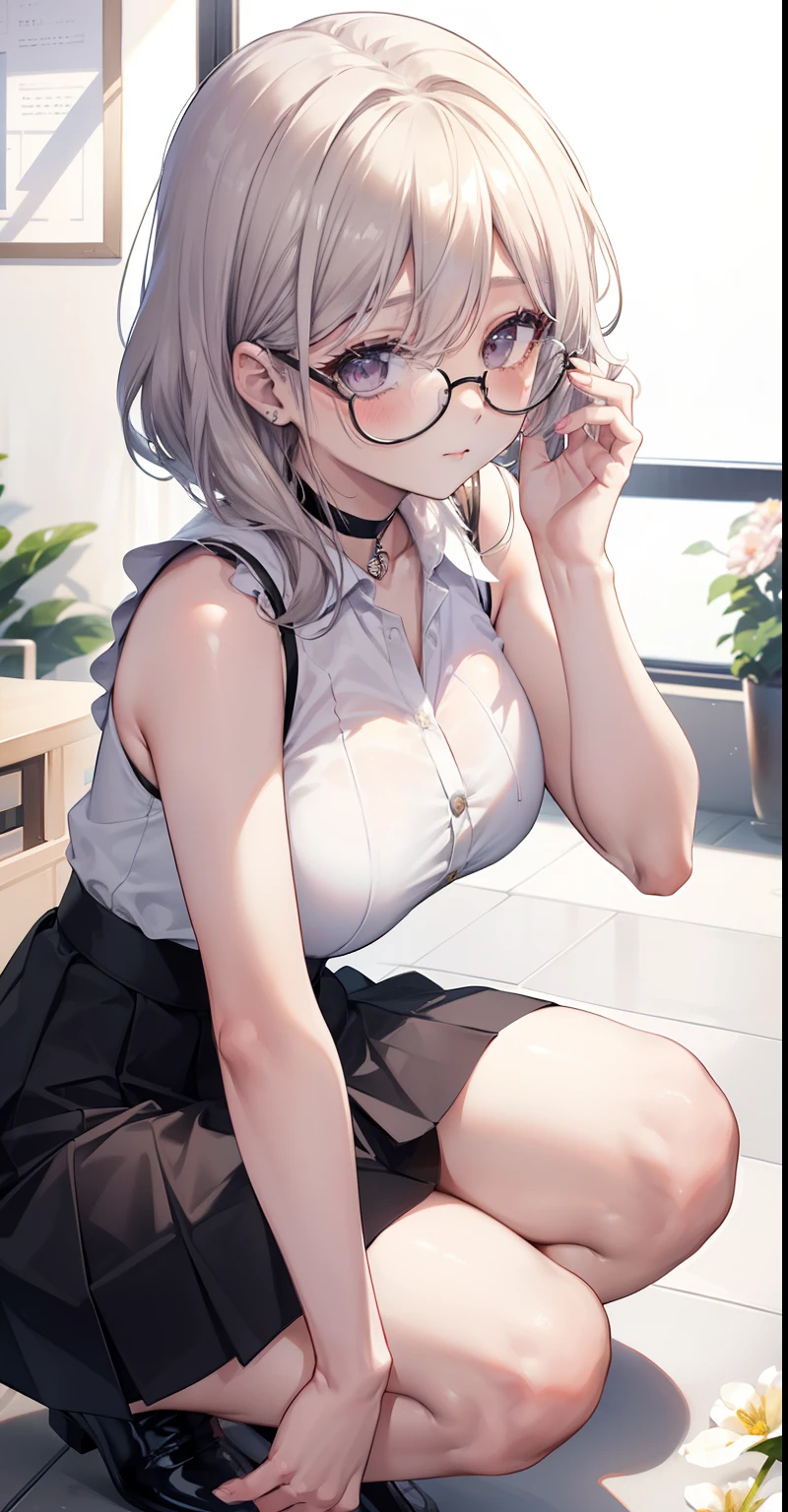 best quality, ultra high res, (photorealistic: 1.4), 1woman, white sleeveless button-down shirt, black skirt, black choker, ((glasses)), (Kpop idol), (salt aegyo: 1), (gray blonde hair platinum:1), ((puffy eyes)), looking at viewer, full body, flowers