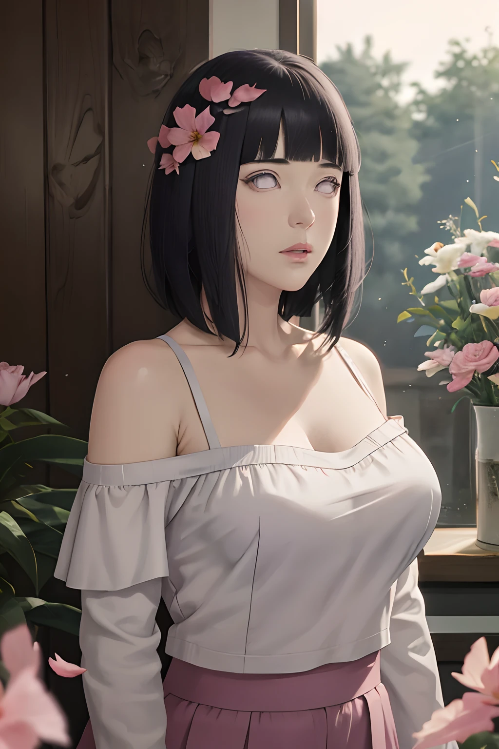 masterpiece, absurdres, hinata\(boruto\), 1girl, solo,mature female, off-shoulder bra straps visible, high waist short skirt, looking at viewer, (falling petals), perfect composition, detailed lips, big breast, beautiful face, body propotion, blush, (pink lips), long hair,  purple eyes,  soft gaze,  super realistic, detailed, photoshoot, realistic face and body,