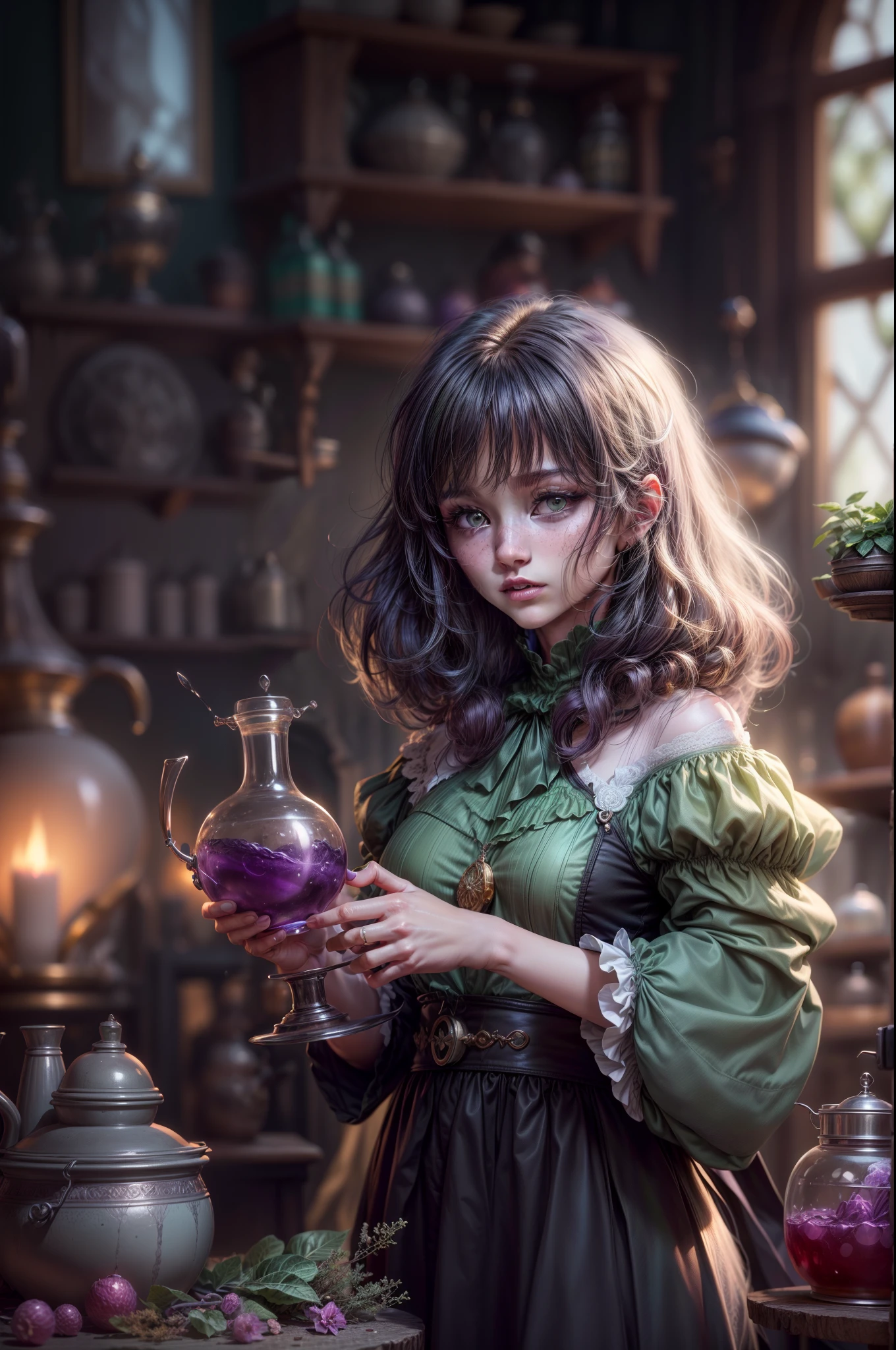 Ultra Detail Hair, Best quality, hiquality, A high resolution, Detail enhancement, ((most beautiful image in the world)), Masterpiece, Best quality, High Quality Detail Enhancement, ((most beautiful image ),full bodyesbian ,a girl in a witch costume is making potions, in the style of realistic and hyper-detailed renderings, soft and dreamy atmosphere, larme kei, shot on 70mm, melting pots, elegant subjects, solarizing master,There are delicate alchemy potions on it,Animal teeth,Inexplicable greenery,Ambient lighting,purple, Green, White, black,delicated face,Hydrated eyes,Perfect real skin,Real hair,Gloomy light and shadow,Correct hand perspective structure