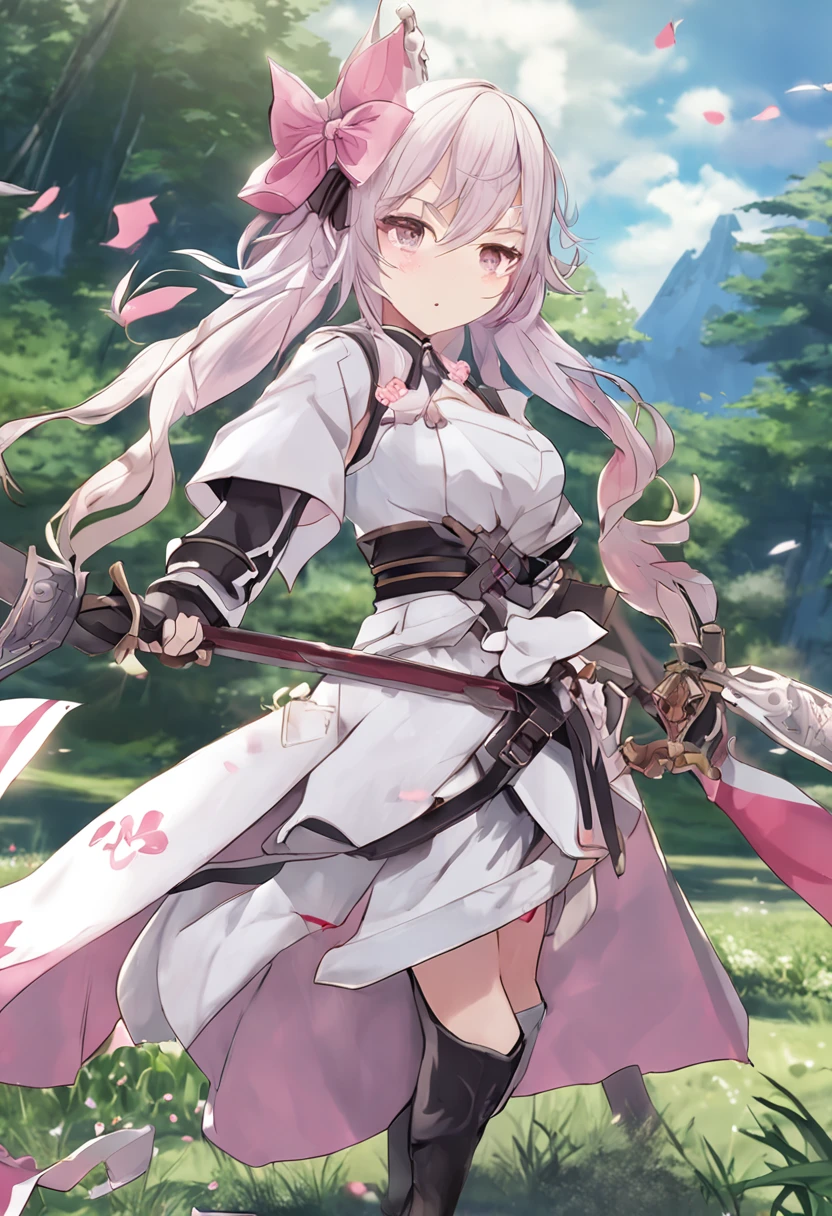 Anime girl with sword and pink bow in field, Keqing from Genshin Impact, Official artwork, high detailed official artwork, white-haired god, A scene from the《azur lane》videogame, Ayaka Genshin impact, azur lane style, zhongli from genshin impact, author：Shitao, Official anime artwork, offcial art, perfect bodies，Sit and lie on the lawn。