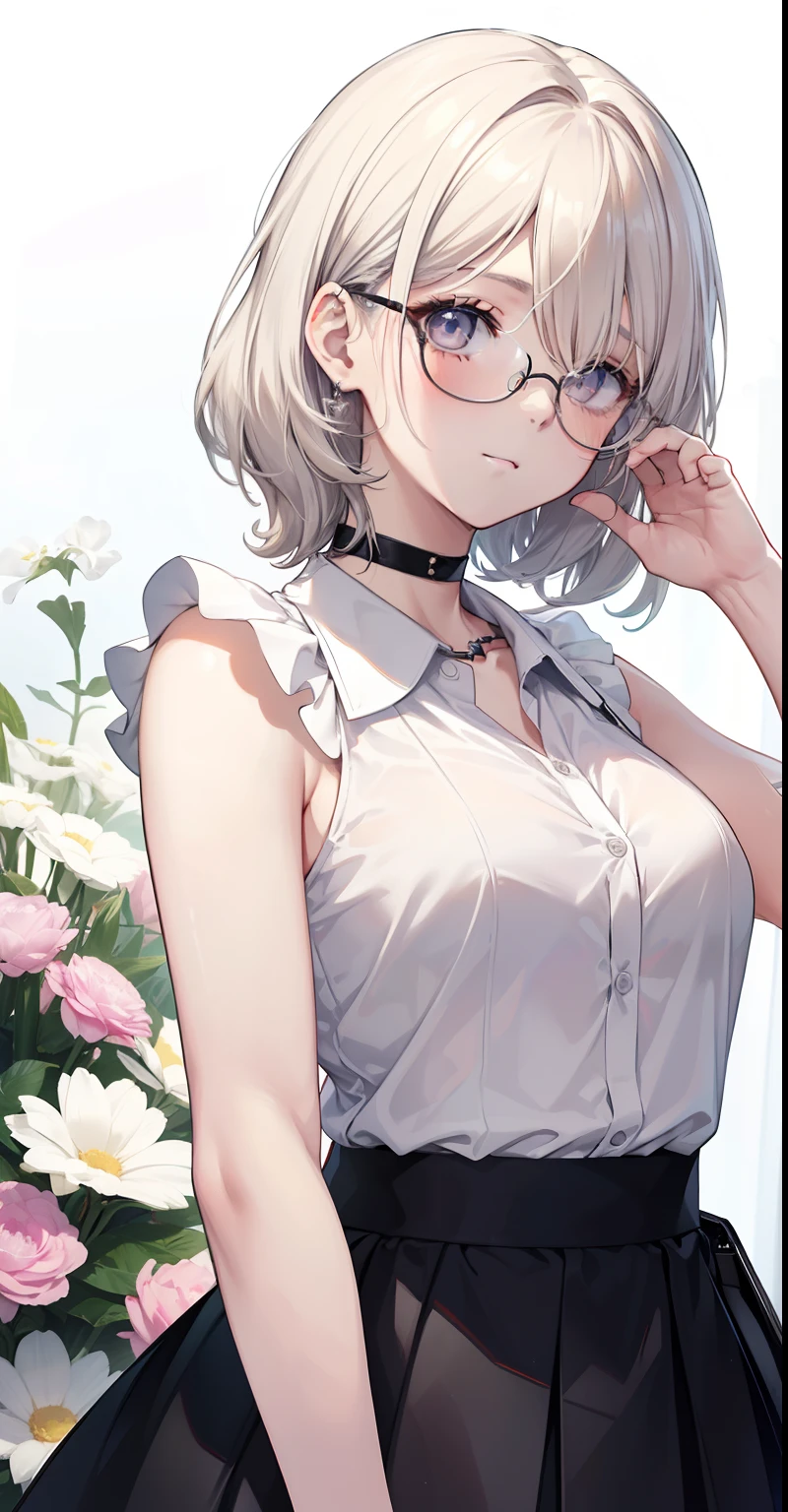best quality, ultra high res, (photorealistic: 1.4), 1woman, white sleeveless button-down shirt, black skirt, black choker, ((glasses)), (Kpop idol), (salt aegyo: 1), (gray blonde hair platinum:1), ((puffy eyes)), looking at viewer, full body, flowers