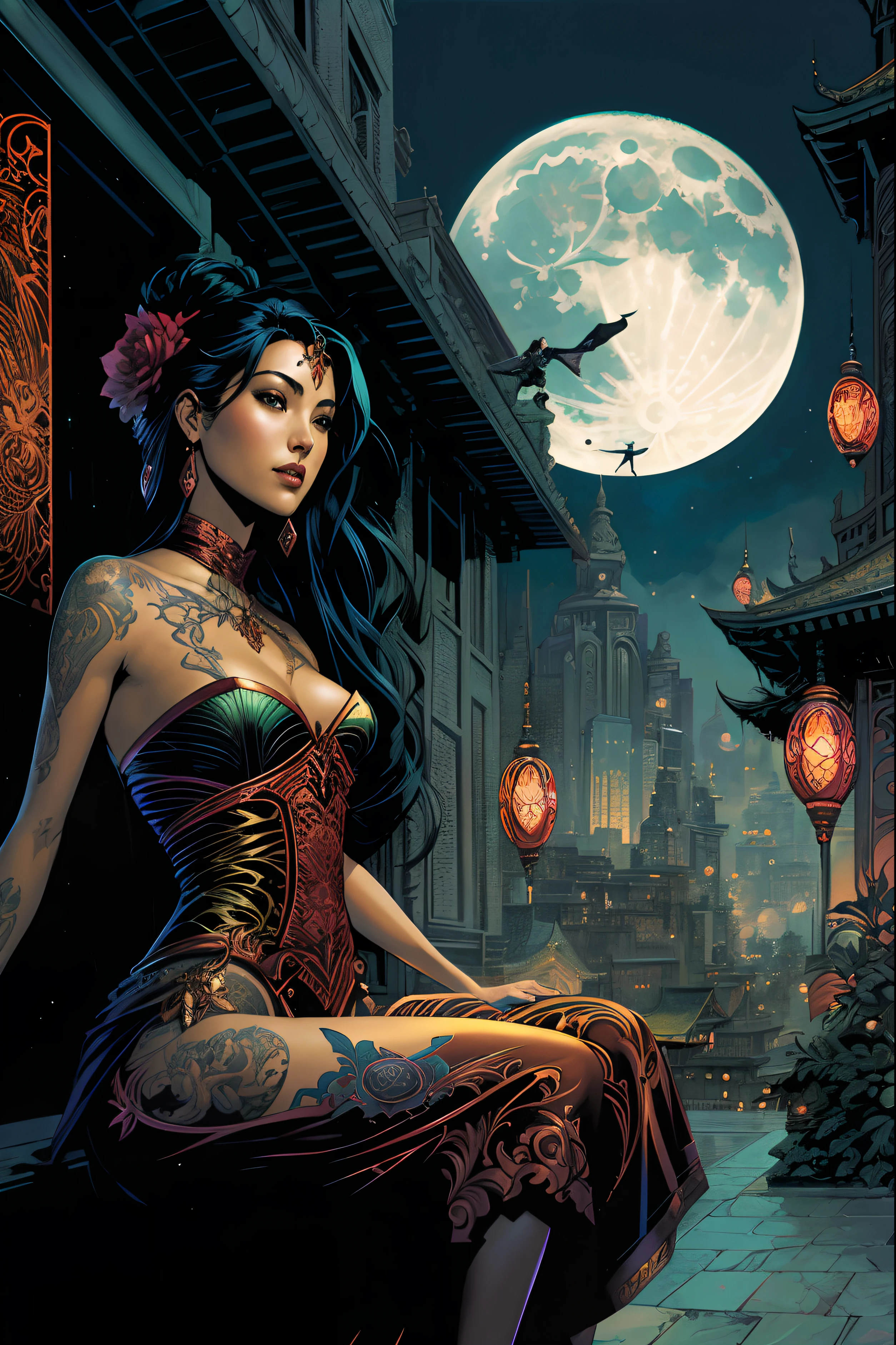 arafed woman sitting on a ledge in front of a full moon, as illustrated in top cow comics, zenescope, martin ansin, j scott campbell, frank cho, martin ansin artwork portrait, dan mumford tom bagshaw, a beautiful artwork illustration, oriental fantasy, j. scott campbell, full color illustration, by Galen Dara