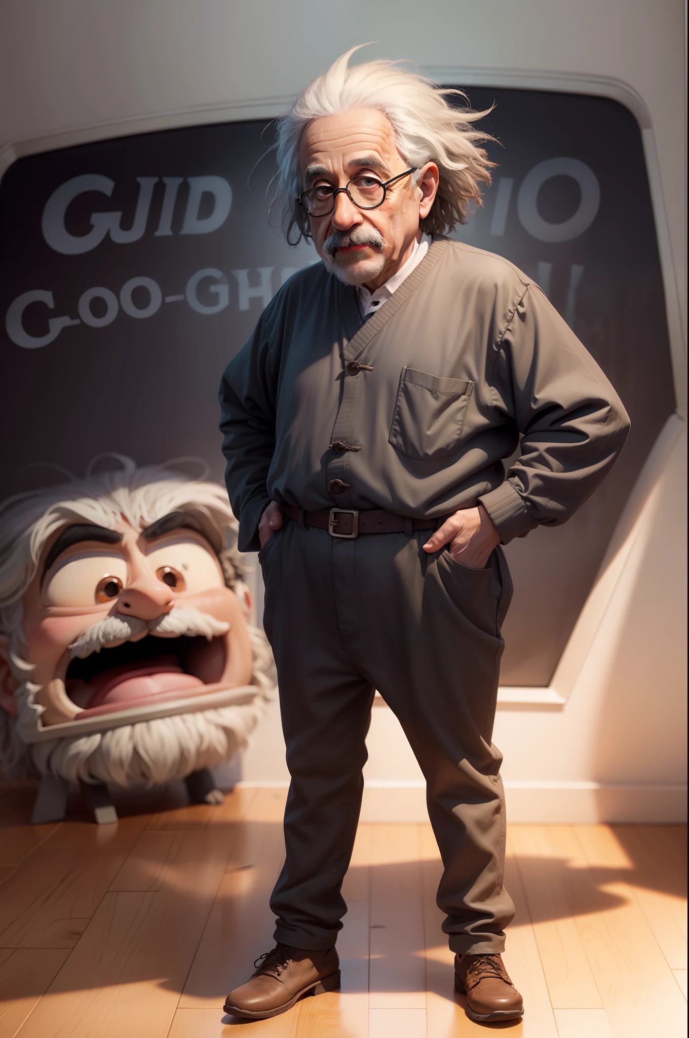Make an image of Albert Einstein in the mold of Pixar