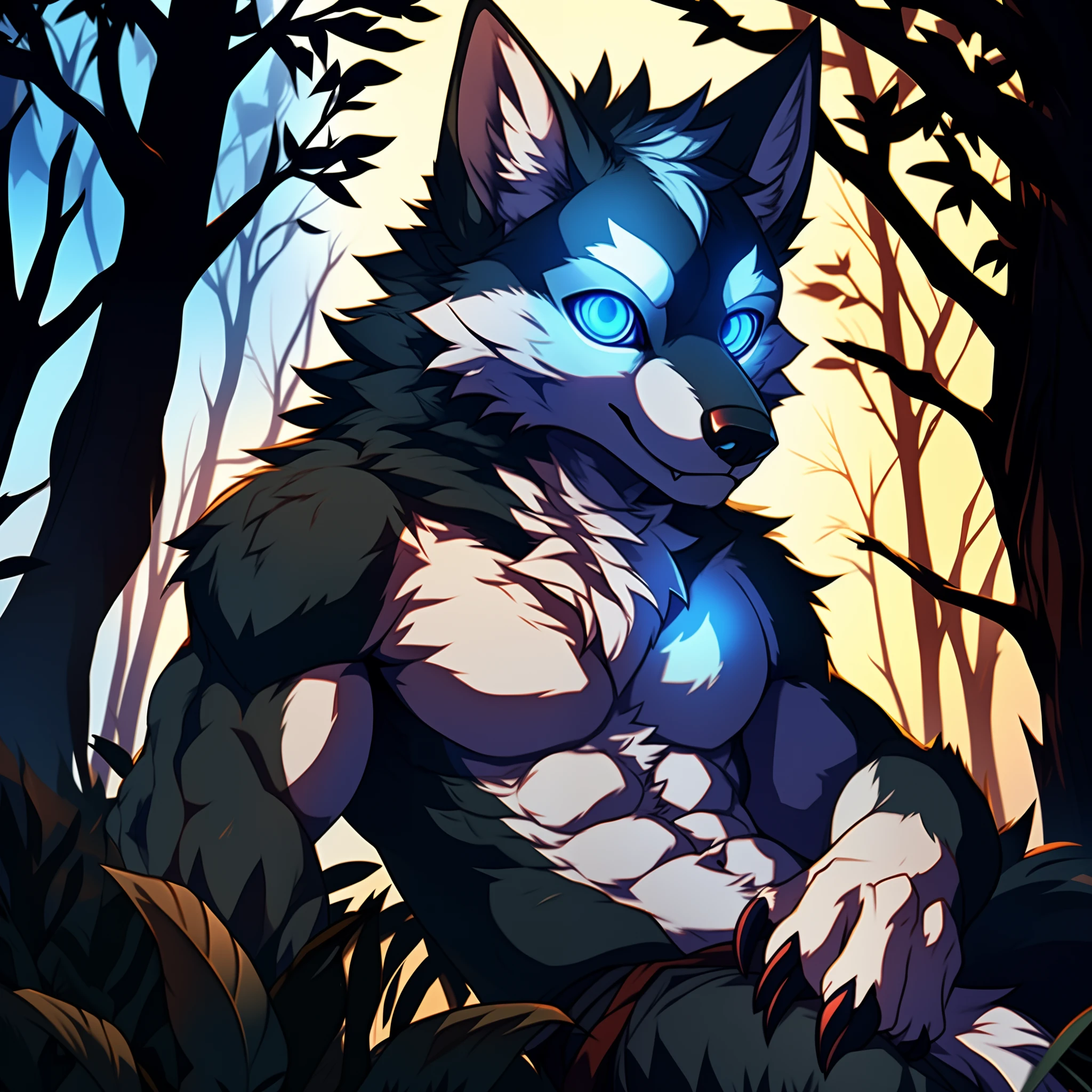 Solo, Male, (Muscular), (male anthro wolf):1.3, Black body, White belly, (Detailed eyes, blue color eyes, Sharp claws,Cute beast claws,glowing light eyes):1.1, (exteriors:1.35), ln the forest, the night,detailedbackground,realisticlying,realistic hand,8k hdr,(Dark shadows,Wide dynamic range,hdr,low-light:1.2)