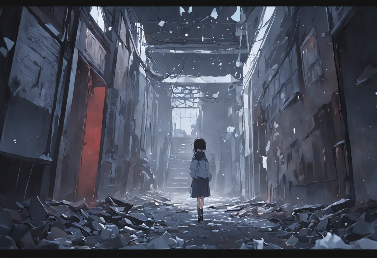 masutepiece, Ultra-high resolution, (monochromes), (highcontrast), inside the house　Broken Bill　broken streets, Broken city, Gravel-covered ground, Broken sign, Natural light surreal science fiction scene, From the point of view of the lowest layer (光影效果), (depth of field effect), (Tyndale), (Optical particle tracking), (nffsw), (Horror Movie Lighting Visual Effects), (Volumetric lighting), (Bright colors), Best Quality, 8K