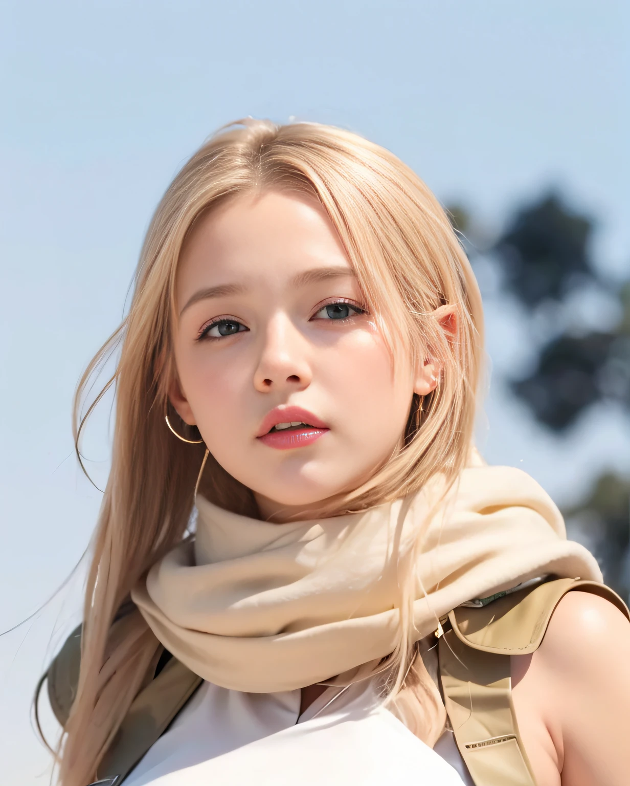 Blonde woman with scarf and earrings looking at camera with blue sky background, cl, portrait of jossi of blackpink, sydney sweeney, Soft portrait shot 8 K, alina ivanchenko, photorealistic art style, realistic portrait photo, Hannah Yata, realistic art style, Sofia Emerenko, realistic digital art, Highly detailed VFX portrait, Photorealistic!!!!!!! Art style