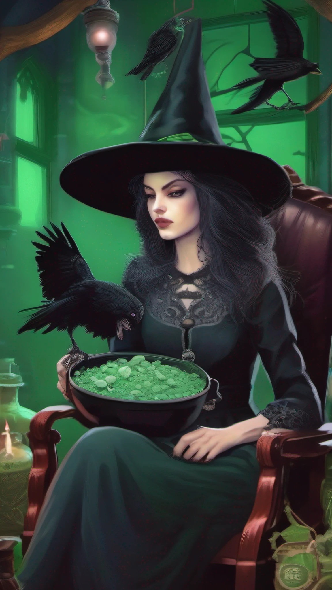 A witch in a black hat sits in a chair holding a crow，The witch placed a pot of alchemy in front of her，The pot was filled with green potions，The witch is surrounded by bats，Dark rendering，4K diagram，Dark painting style，