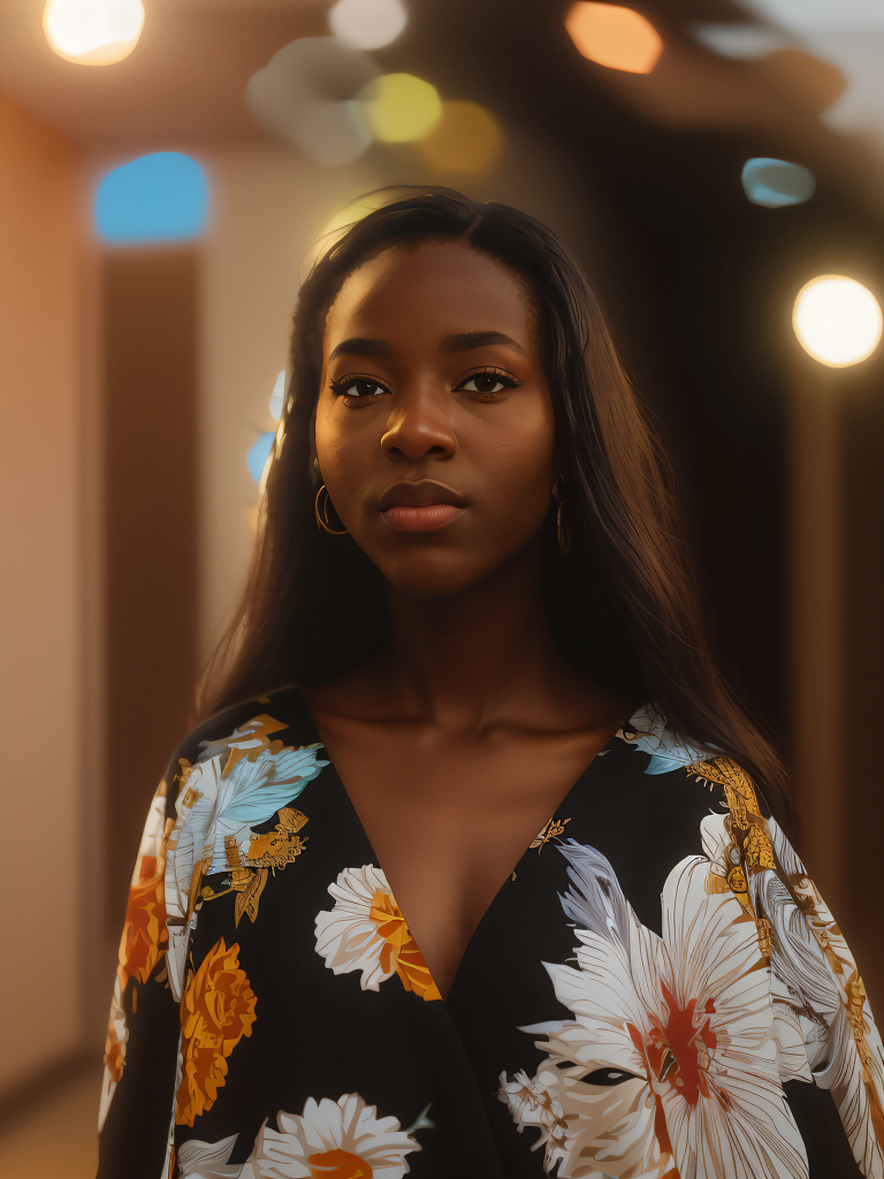 very super hyper realistic close up portrait of a beautiful ((black dark skinned)) 27 year old ((African female)) on a marble platform in a very colourful flower filled plain on a bright sunny day, sun in sky, super realistic facial features, colourful futuristic clothes, sunny, raw, epic, film stock, sky full of birds, brightly lit, African woman wearing flowing robes flapping in the wind, patterns from dress fly into the wind — shot on Kodak Ektar 100, ground level view, dark natural lighting, epict, 4k, ((off camera flash)) - shot with in a ((creative camera angle)) to produce round effect with blur at edges — Leica M6, Kodak Portra 400 film, 50mm lens, with ((double exposure and long exposure techniques)) ((motion blur))) — David Fincher, Emmanuel Lubezki, Gordon Parks, Daido Moriyama, and Akinbode Akinbiyi