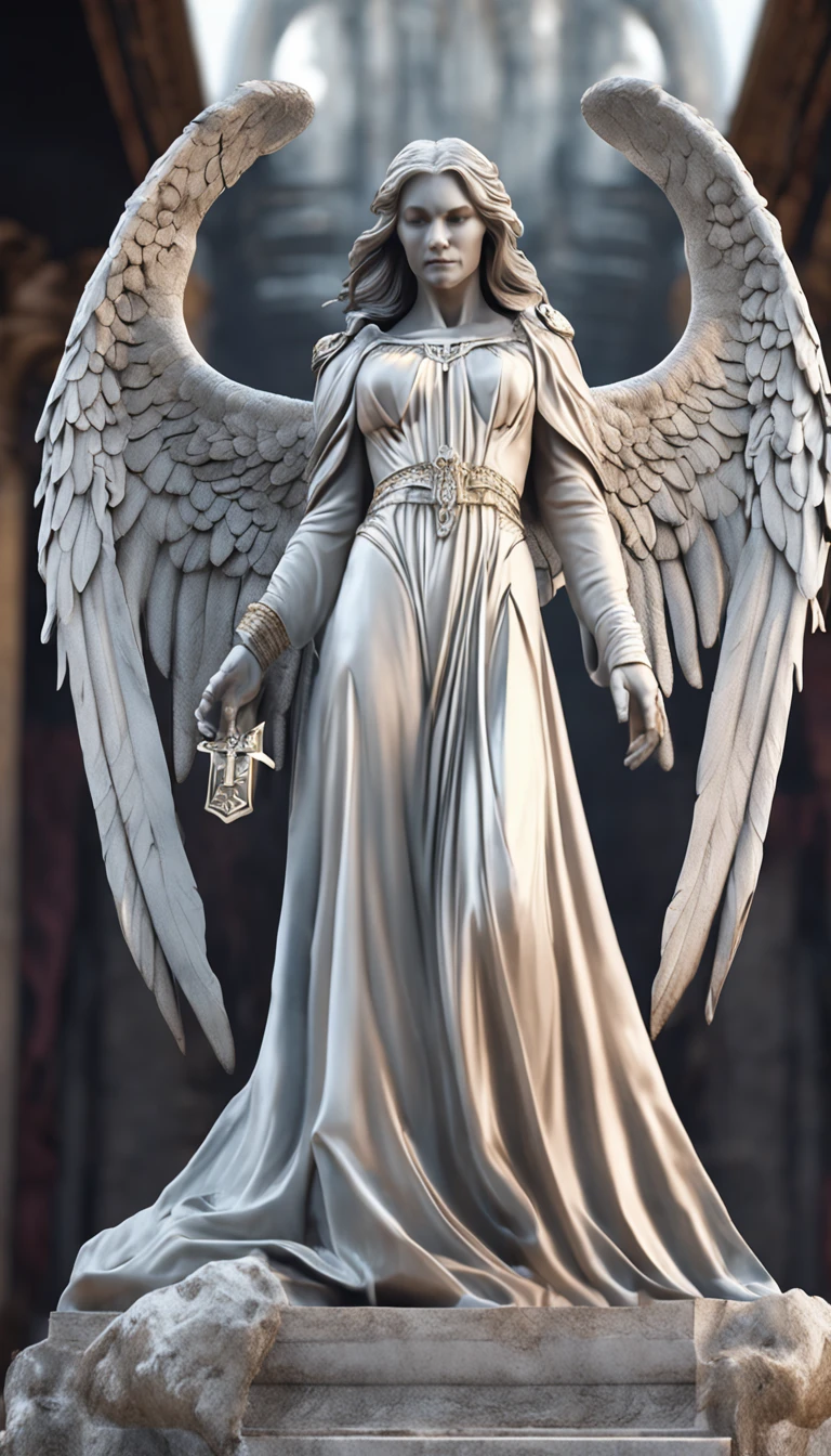 Close-up of winged angel statue, angel of death, angel of death, unreal engine rendered + A goddess, villainess has black angel wings, the angel of death with a halo, angel in plastic armor, flowing white robe, portrait of the angel of death, angel knight gothic girl, full - body majestic angel, angel protecting woman, Cover art, Take control of life, Stick to life, Album cover of a song titled "Grab Life"