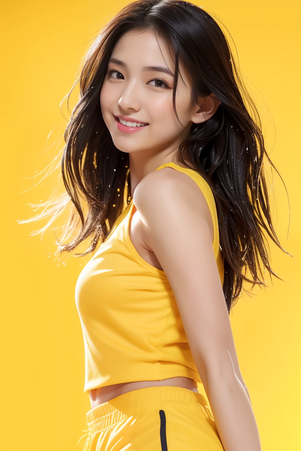 (Best Quality, 8k, 32k, Masterpiece, UHD:1.2), (1 slender woman of Japan, 28 years old), Dark Brown Hair, Bright in the foreground, Professional Lighting, Photon Mapping, Radiosity, shading:1.3, (High Definition Skin:1.2), huge breasts:1.2, (shorts, Exposed Shoulder:1.1), ((provocative dynamic pose, Random Pose)), (she is wet), Top-Down View:1.5, (Yellow Basketball Uniform:1.1), Ultra Detailed Face, Detailed Lips, Detailed Eyes, Double Eyelids, Dignified small nose, Huge breasts, (sensual gaze to the photographer, lips slightly open), BREAK (Yellow background, Gradation:1.3), High quality, 4K, Happy smile,