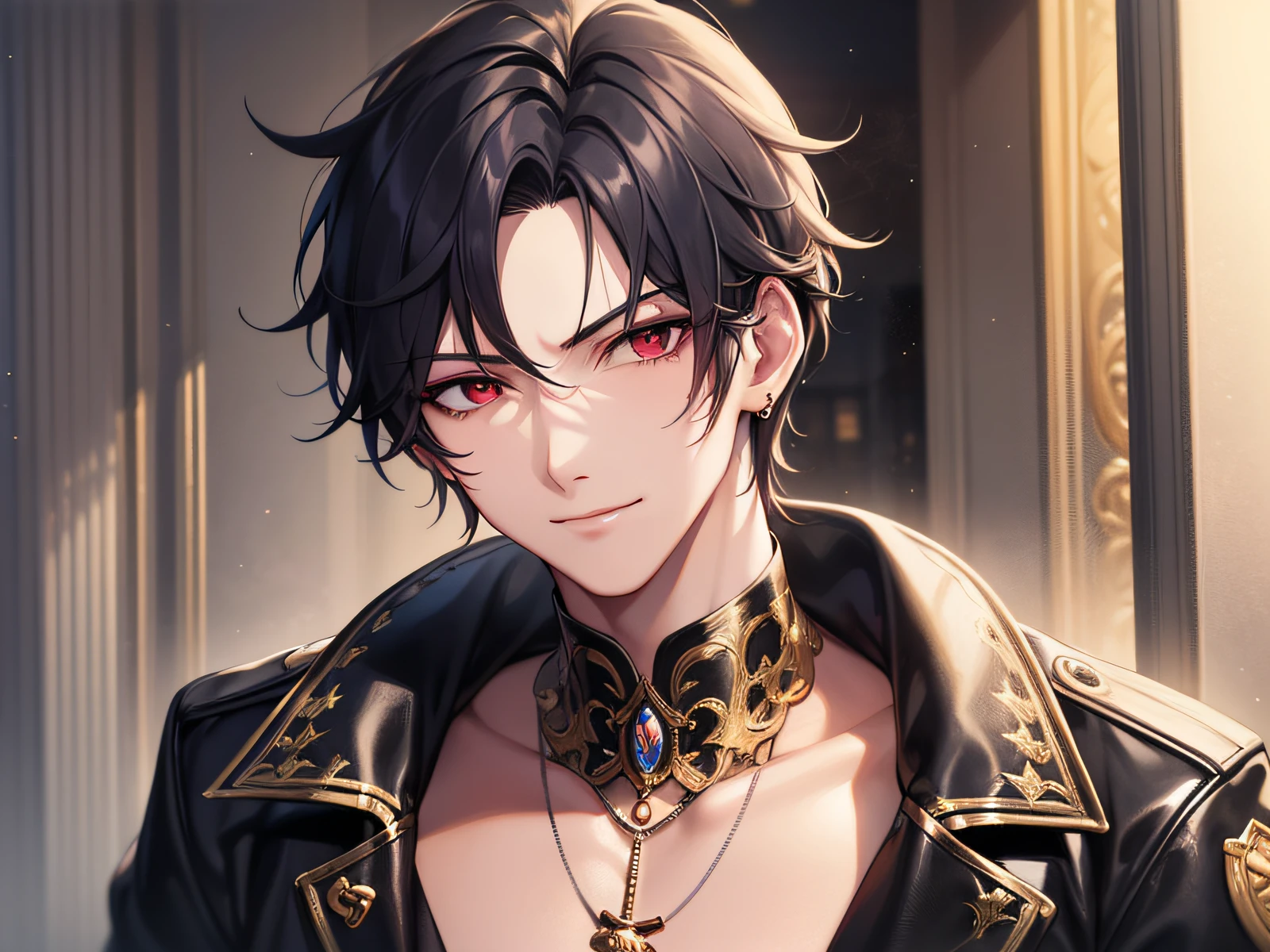 There are Stoic alchemists in a meditative position,Smiling expression,Soft look,​masterpiece, top-quality, Adults, intricate detailes, Modern urban streets, Happiness, tenderness, high-level image quality、beautiful male、tall、window、nighttime scene、𝓡𝓸𝓶𝓪𝓷𝓽𝓲𝓬、Korean Male, k pop, Professional Photos, Vampires, Black and white Korean men's fashion, Fedoman with necklace, inspired by Sim Sa-jeong, androgynous vampire, :9 detailed face: 8, extra detailed face, detailed punk hair, ((asa)) baggy eyes, Seductive. Highly detailed, semi realistic anime, Vampires, hyperrealistic teen, delicate androgynous prince, imvu, short hair above the ears, Man with short hair, A man with a glaring expression and a man with a gentle expression,, Model photo, Cool pose