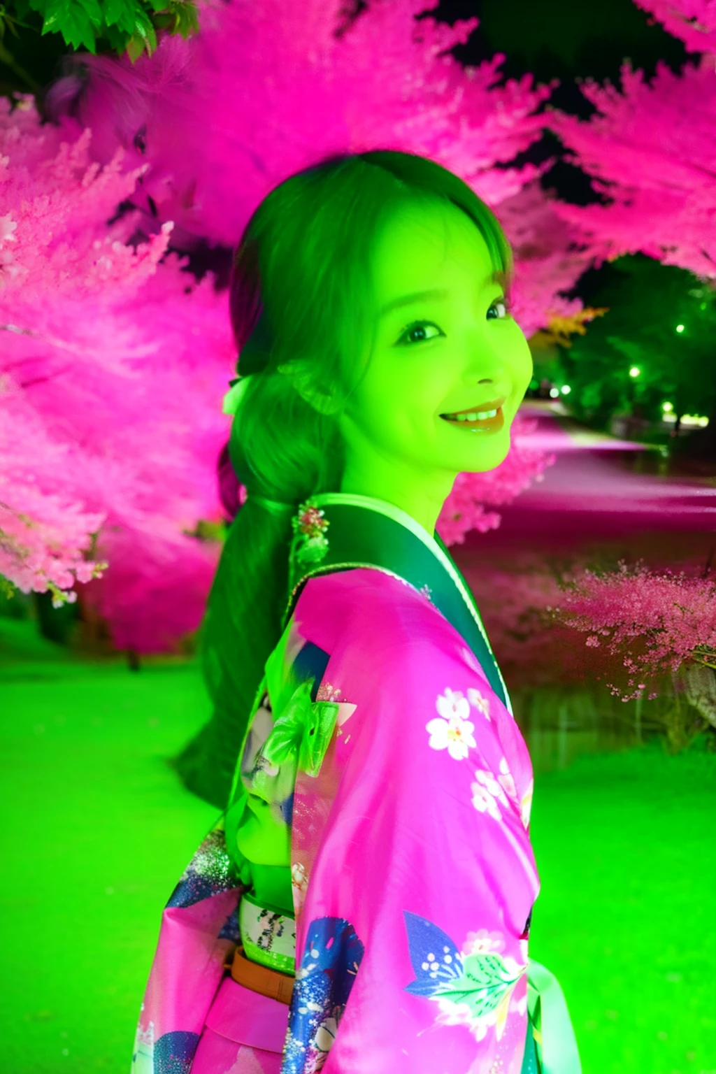 Vibrant pink forest,Japanese woman,Wearing a short cherry blossom kimono,Bust photo,with a good figure,High appearance,Romantic cherry blossoms falling,Pink,the night