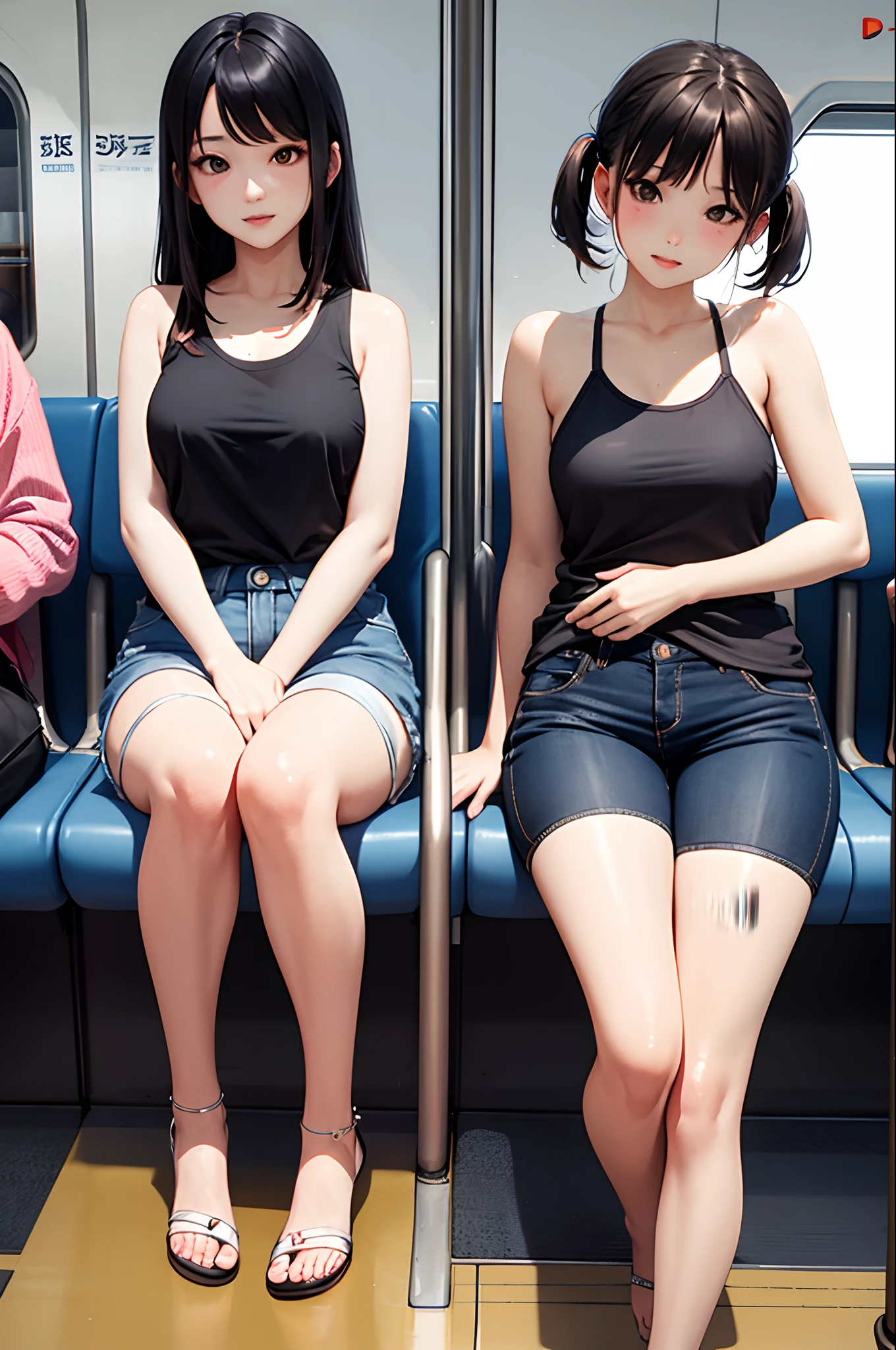 Southeast Asian Beautiful Girl、Tank tops、Low-bottom shorts、On the train、sitting in the seat、opens legs、Open your crotch、opening legs、lifelike face、Twin-tailed