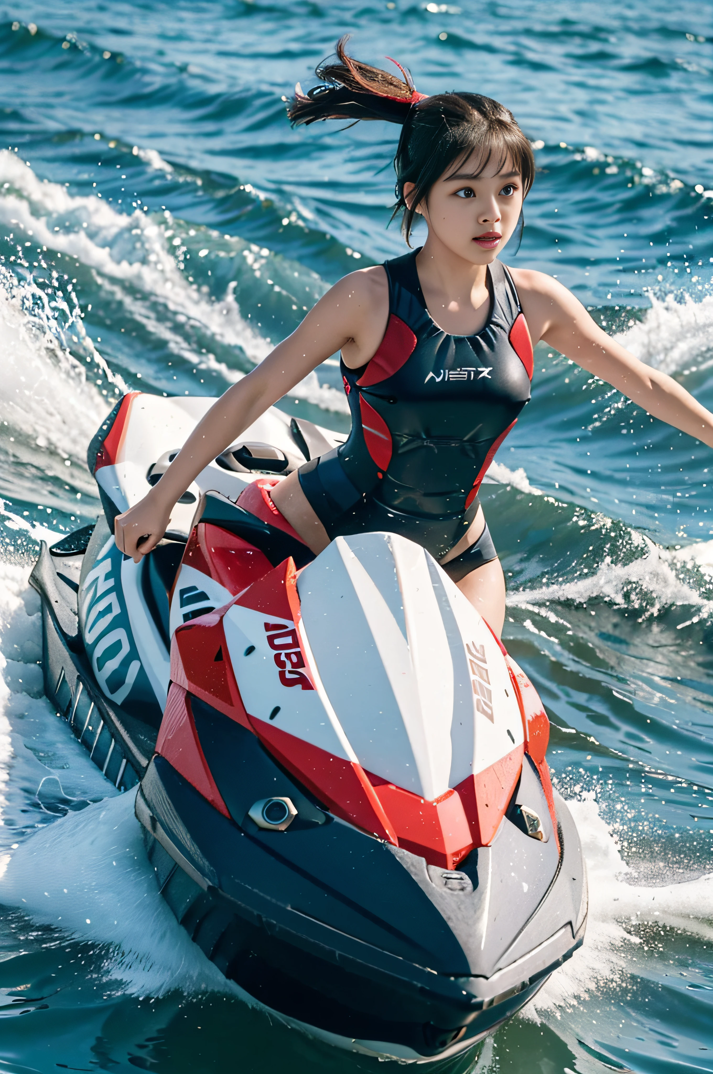 8K, masutepiece, Best Quality, Photorealistic, Ultra-detailed, 1 High School Girl、mare、sima、(((Ride a jet ski in a sexy swimsuit)))、Wearing light makeup、Ribbon on ponytail、Fluttering hair、powerful scene、Movie action scene splash、Standing riding over the waves