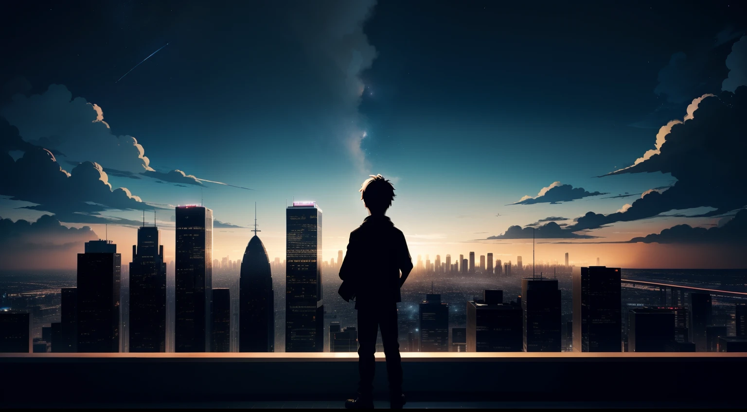 anime,silhouette,1boy, star (sky), cloud, cityscape, building, city, outdoors, skyscraper, day, skyline