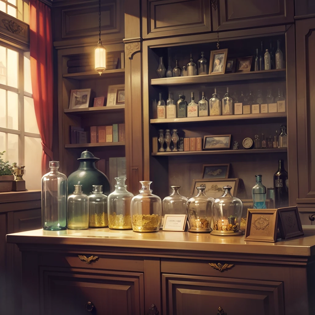 Interior of a pharmacy from the 18th century, highly refined and luxurious, brightly lit with external light, shelves with glass bottles of medicine, a large counter, some books, lit candles, a darkened and gloomy background, painted in the style of the painter Paul Wright --auto --s2