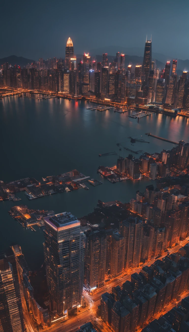 Details of cyberpunk art, Bay views overlooking the city skyline,Reflected in the water of the front bay on the edge of the city, Late night scenes,The city lights glow with pride in soft