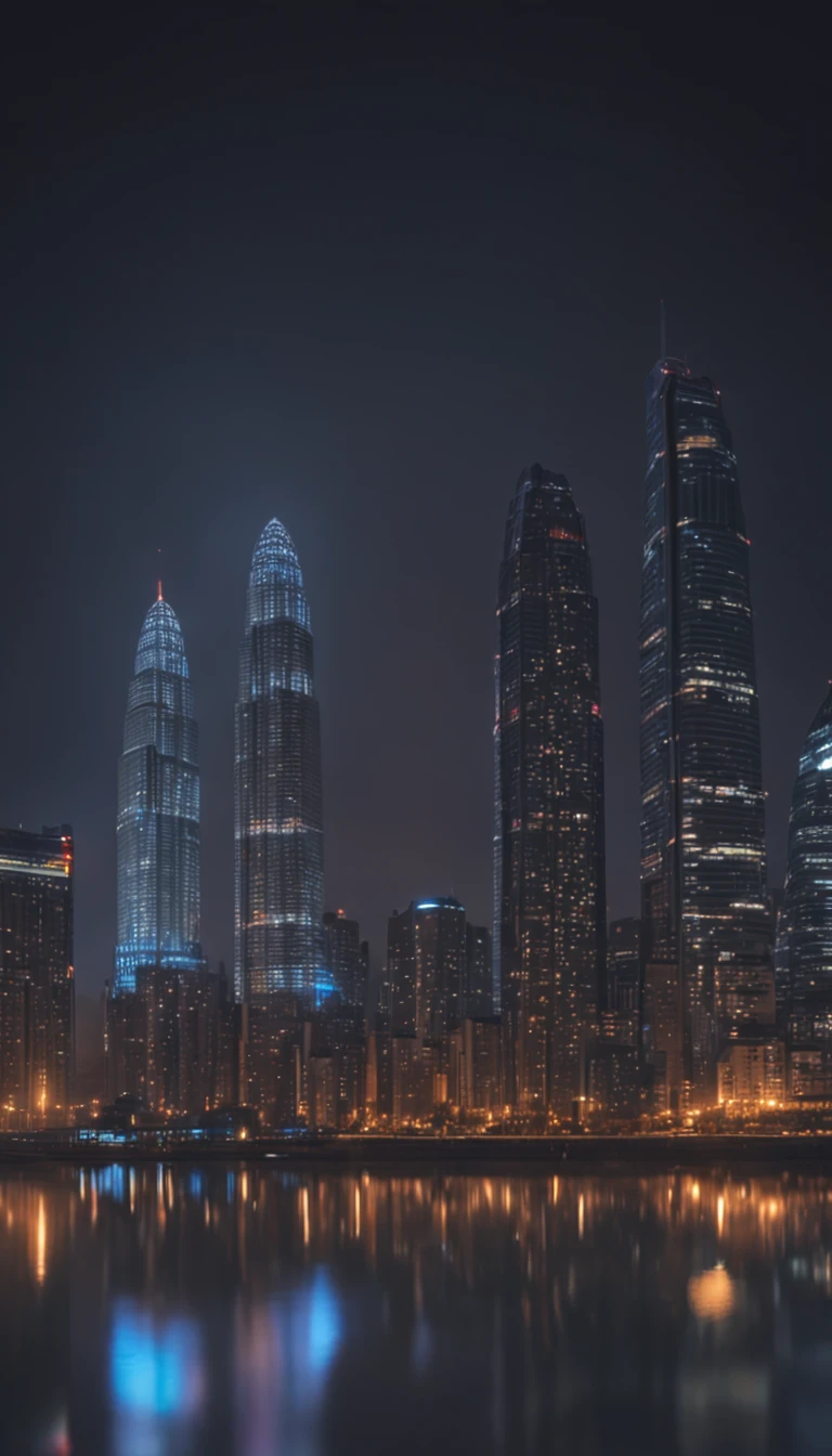 Details of cyberpunk art, Bay views overlooking the city skyline,Reflected in the water of the front bay on the edge of the city, Late night scenes,The city lights glow with pride in soft