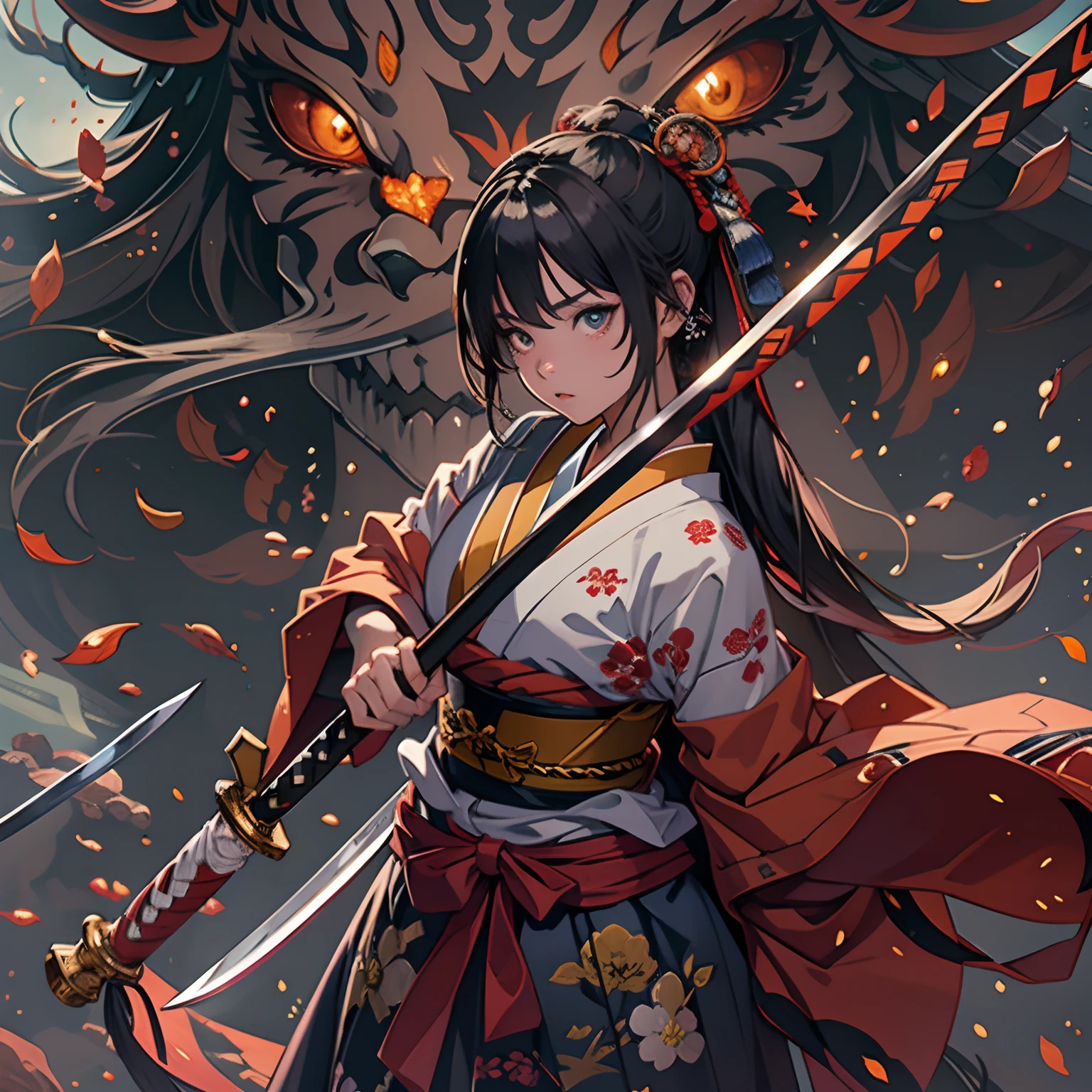 (Photorealsitic:1.4),((from back view:1.6)),, (Dynamic Angle:1.6), (Samurai girl confronts a giant demon:1.2), (beautifully detailed eyes), (beautiful and detailed face), Perfect female body, (neat figure:1.2), Slender waist, (18year old),Very big eyes, (Sober haori hakama:1.4),(Red haori and black gauntlet), long boots, (Fight with beautiful Japan swords:1.4), Best Quality,Ultra-detailed, High resolution, extremely details CG, Unity 8k壁纸, Official art, production art, novel illustration, by famous artist, Caustics, textile shading, super detailed skin, Perfect Anatomy, Detailed, Cinematic lighting, Dynamic lighting, Beautiful detailed eyes, (top-quality), (ultra-detailliert), (masuter piece), (hight resolution), (Original), Character Design, Game CG, Detailed Manga Illustration, Realistic head-to-body size ratio:1.2