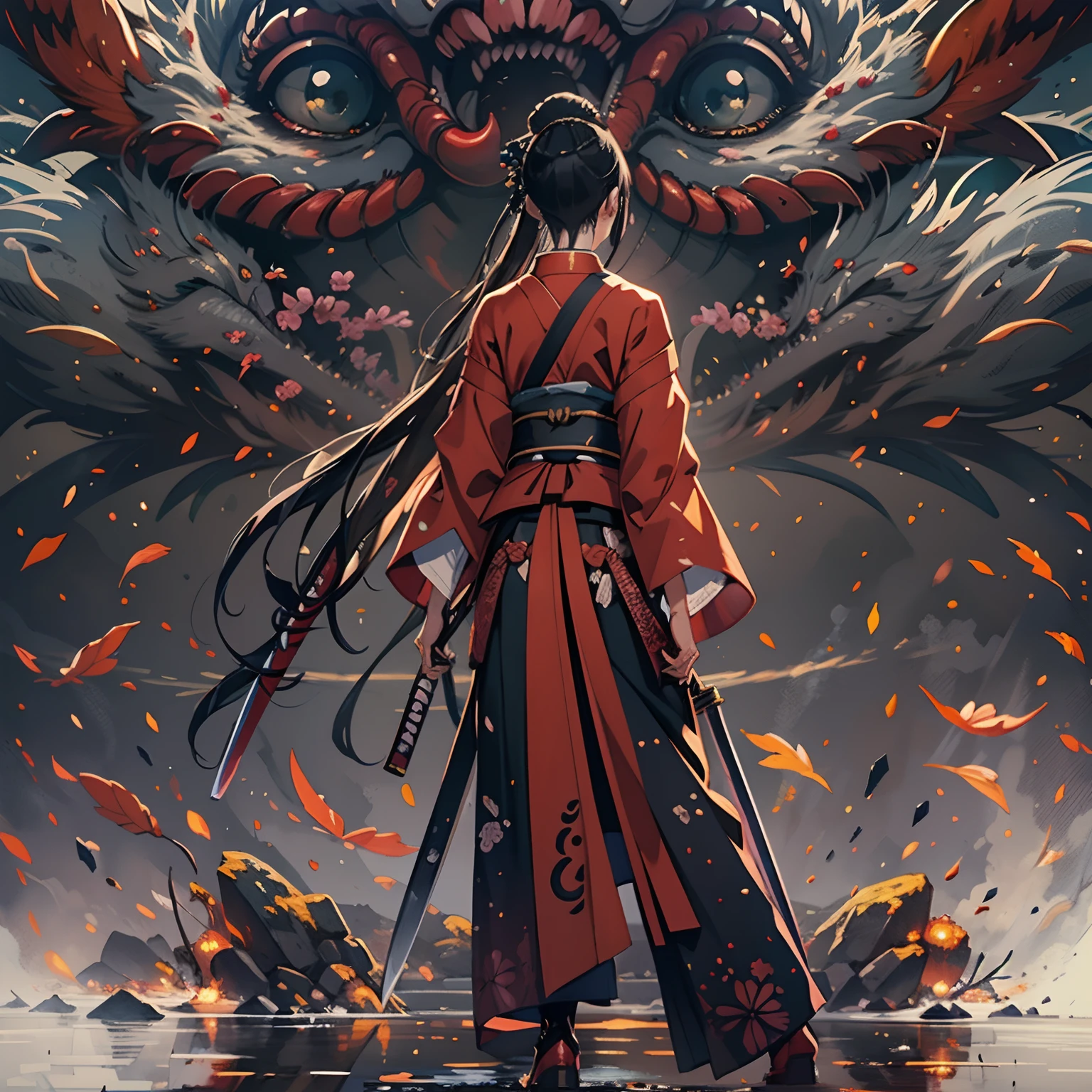(Photorealsitic:1.4),((from back view:1.6)),, (Dynamic Angle:1.6), (Samurai girl confronts a giant demon:1.2), (beautifully detailed eyes), (beautiful and detailed face), Perfect female body, (neat figure:1.2), Slender waist, (18year old),Very big eyes, (Sober haori hakama:1.4),(Red haori and black gauntlet), long boots, (Fight with beautiful Japan swords:1.4), Best Quality,Ultra-detailed, High resolution, extremely details CG, Unity 8k壁纸, Official art, production art, novel illustration, by famous artist, Caustics, textile shading, super detailed skin, Perfect Anatomy, Detailed, Cinematic lighting, Dynamic lighting, Beautiful detailed eyes, (top-quality), (ultra-detailliert), (masuter piece), (hight resolution), (Original), Character Design, Game CG, Detailed Manga Illustration, Realistic head-to-body size ratio:1.2