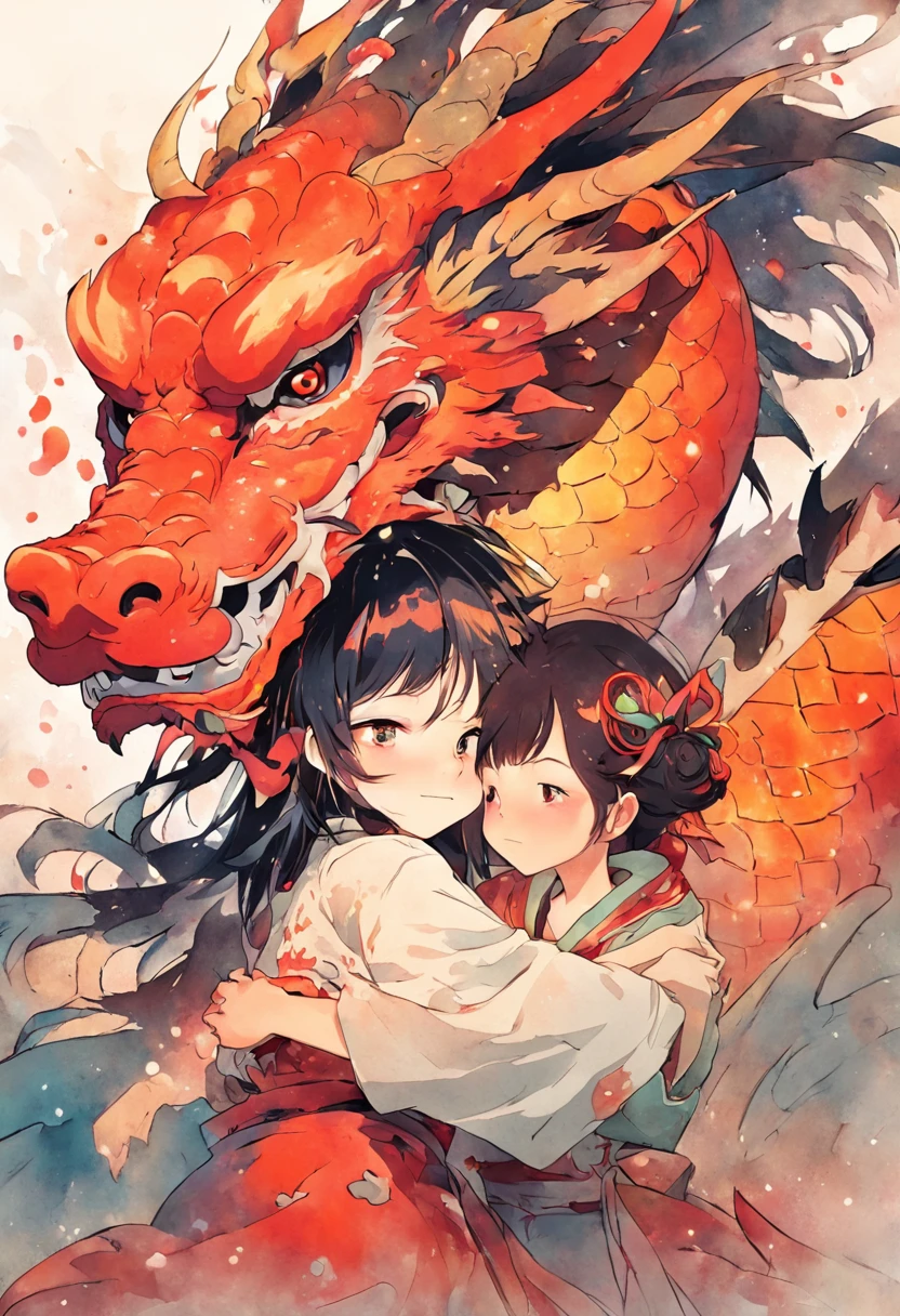 Multicolored , Colorful , Bright Colors , A cute girl hugging her Chinese dragon , Akari Toriyama , Chinese ink painting , Close-up shots ,