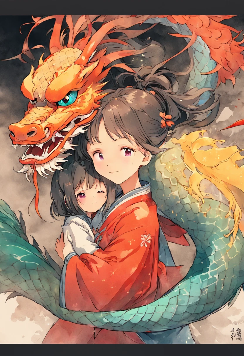 Multicolored , Colorful , Bright Colors , A cute  girl hugging her Chinese dragon , Akari Toriyama , Chinese ink painting , Close-up shots ,