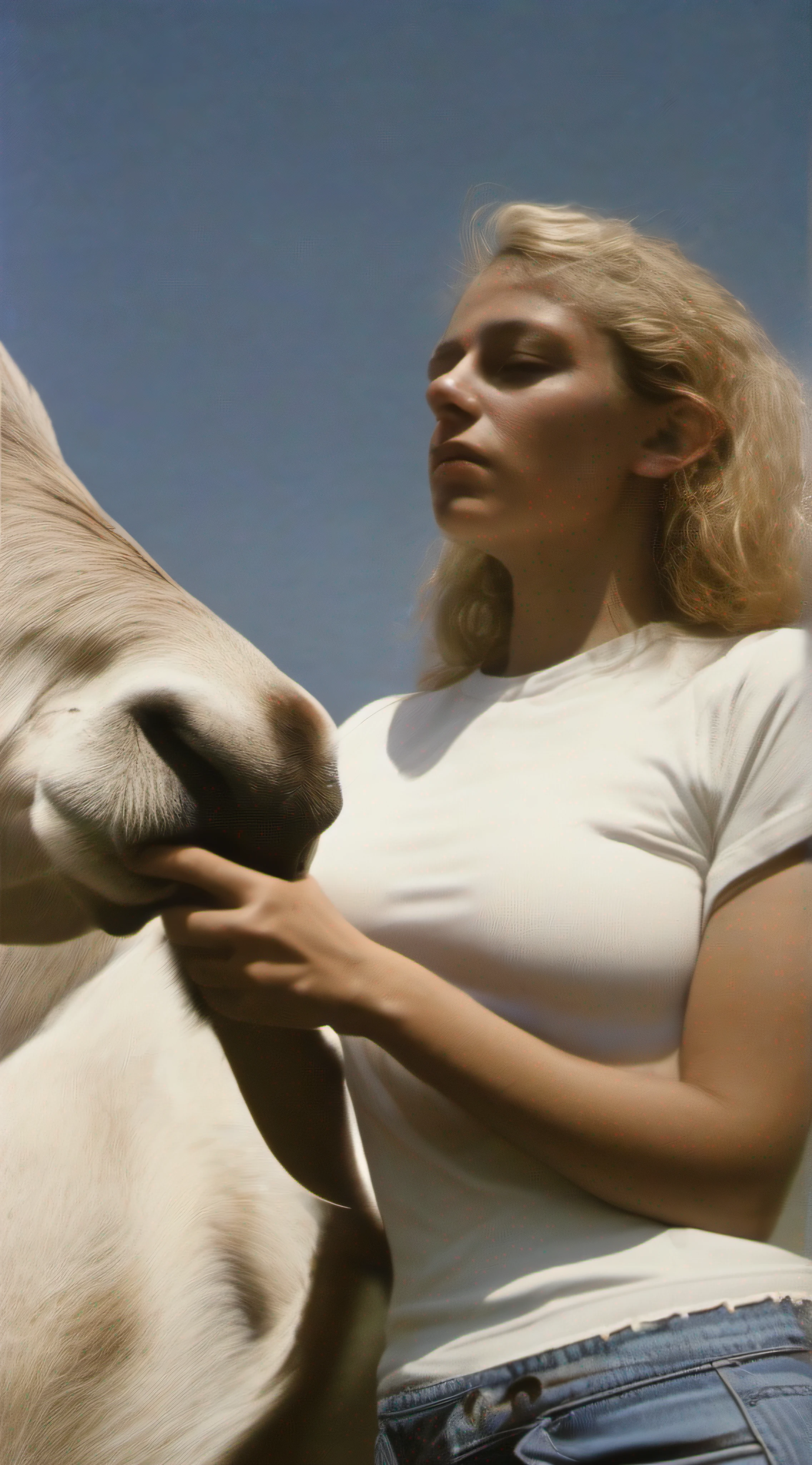 NSFW (nude) (Melissa Benoist ((human)) medium breasts, strip of pubic hair) penis in mouth, blowjob (((nude male white horse with horse penis))), full body, on a deserted beach