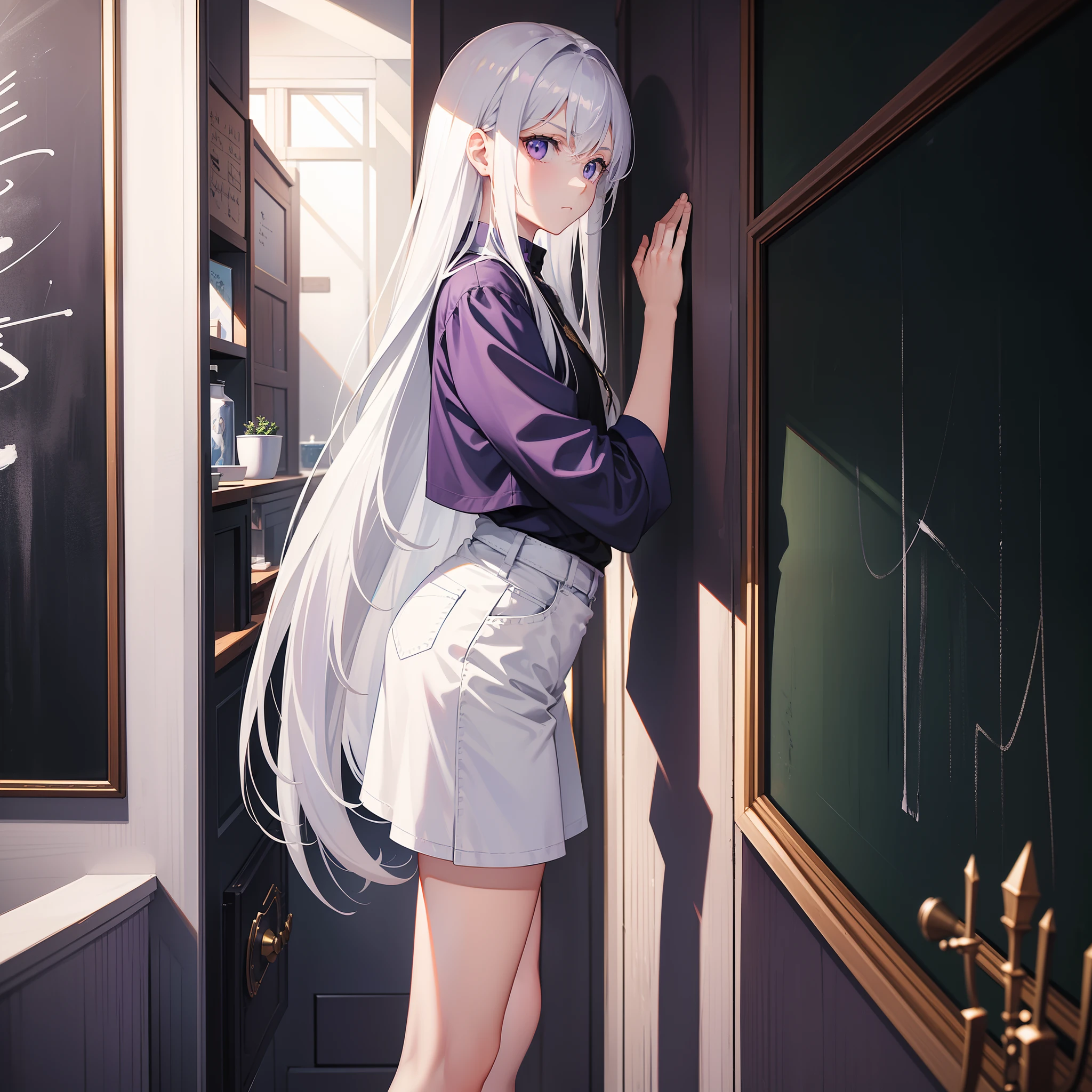 silver-white long hair,Purple eye,white short sleeve,short blue jeans,confident looking,There is a small blackboard behind him,A hand clapped on the blackboard behind him,Very serious look,Look up slightly,The painting perspective is from the bottom up