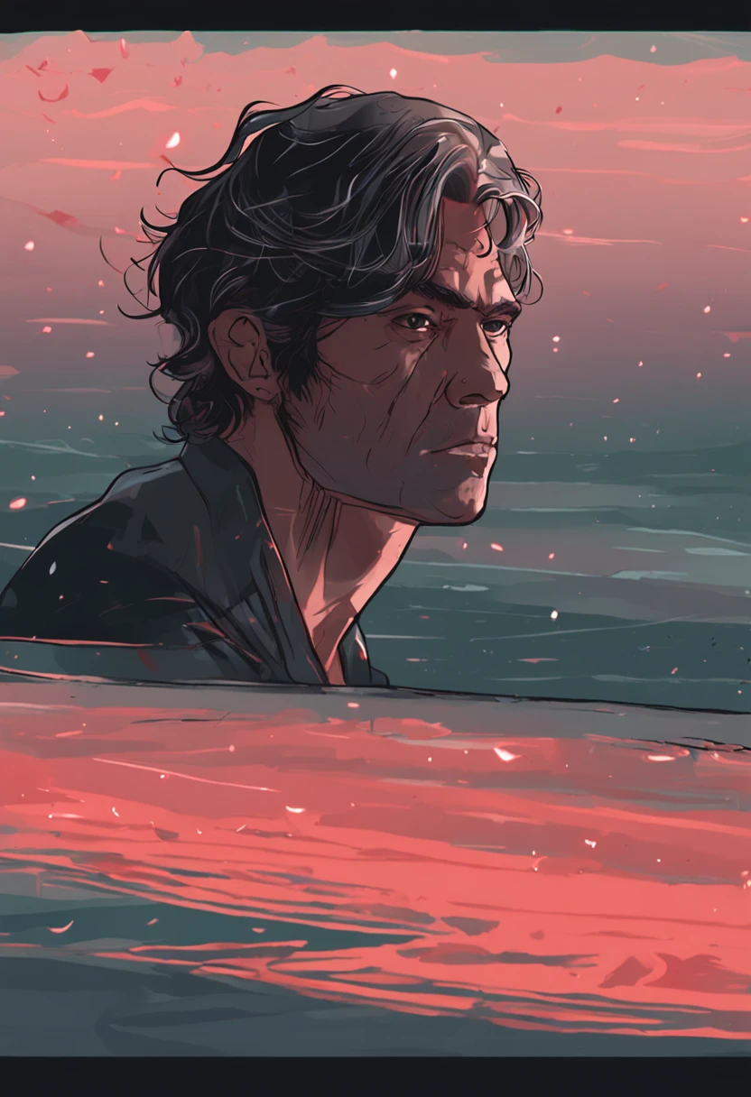 masterpiece,highres,highly detailed,male focus,1boy,solo,red eyes,grey hair,beach waves, wet shirt, melancholy, handsome, high background quality, dark atmosphere 162