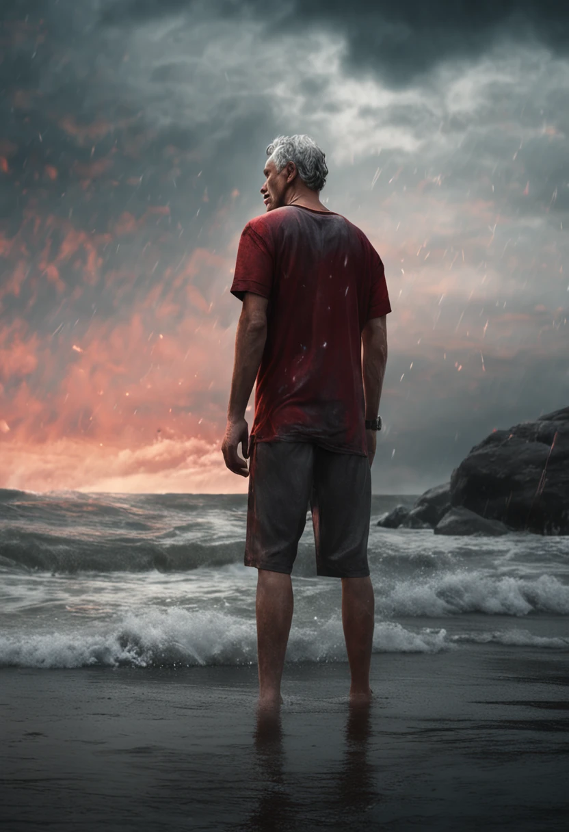 masterpiece,highres,highly detailed,male focus,1boy,solo,red eyes,grey hair,beach waves, wet shirt, melancholy, handsome, high background quality, dark atmosphere 162
