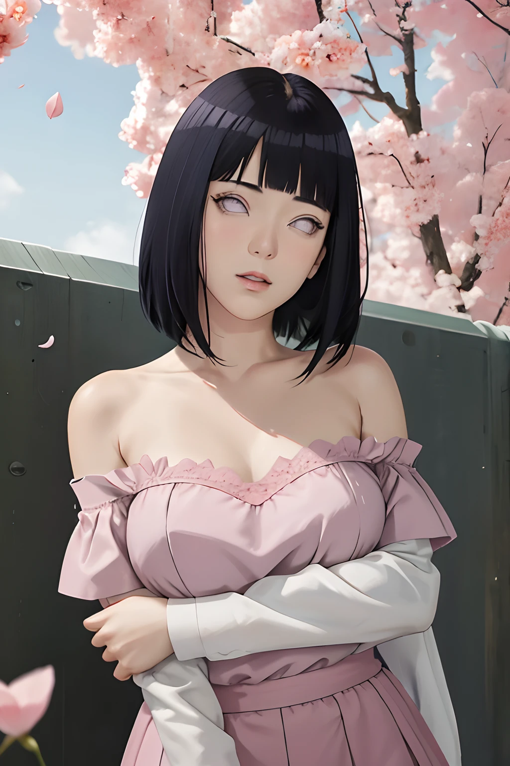masterpiece, absurdres, hinata\(boruto\), 1girl, solo,mature female, off-shoulder bra straps visible, high waist short skirt, looking at viewer, (falling petals), perfect composition, detailed lips, big breast, beautiful face, body propotion, blush, (pink lips), long hair, purple eyes, soft gaze, super realistic, detailed, photoshoot, realistic face and body,