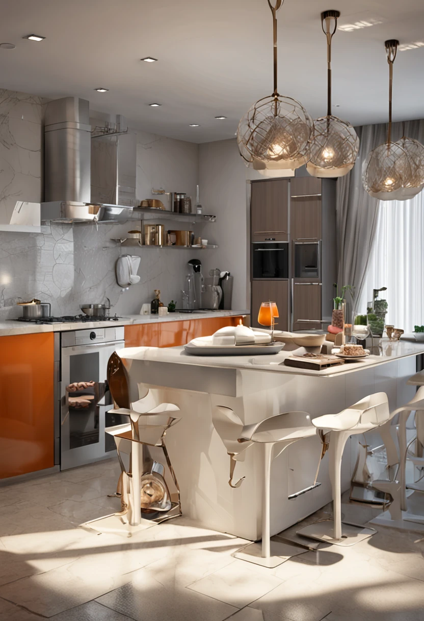 There is a kitchen with a table, cadeiras, stove, refrigerator and white furniture made rises measure in it, sophisticated and luxurious decoration ultra realistic and modern create 10 images