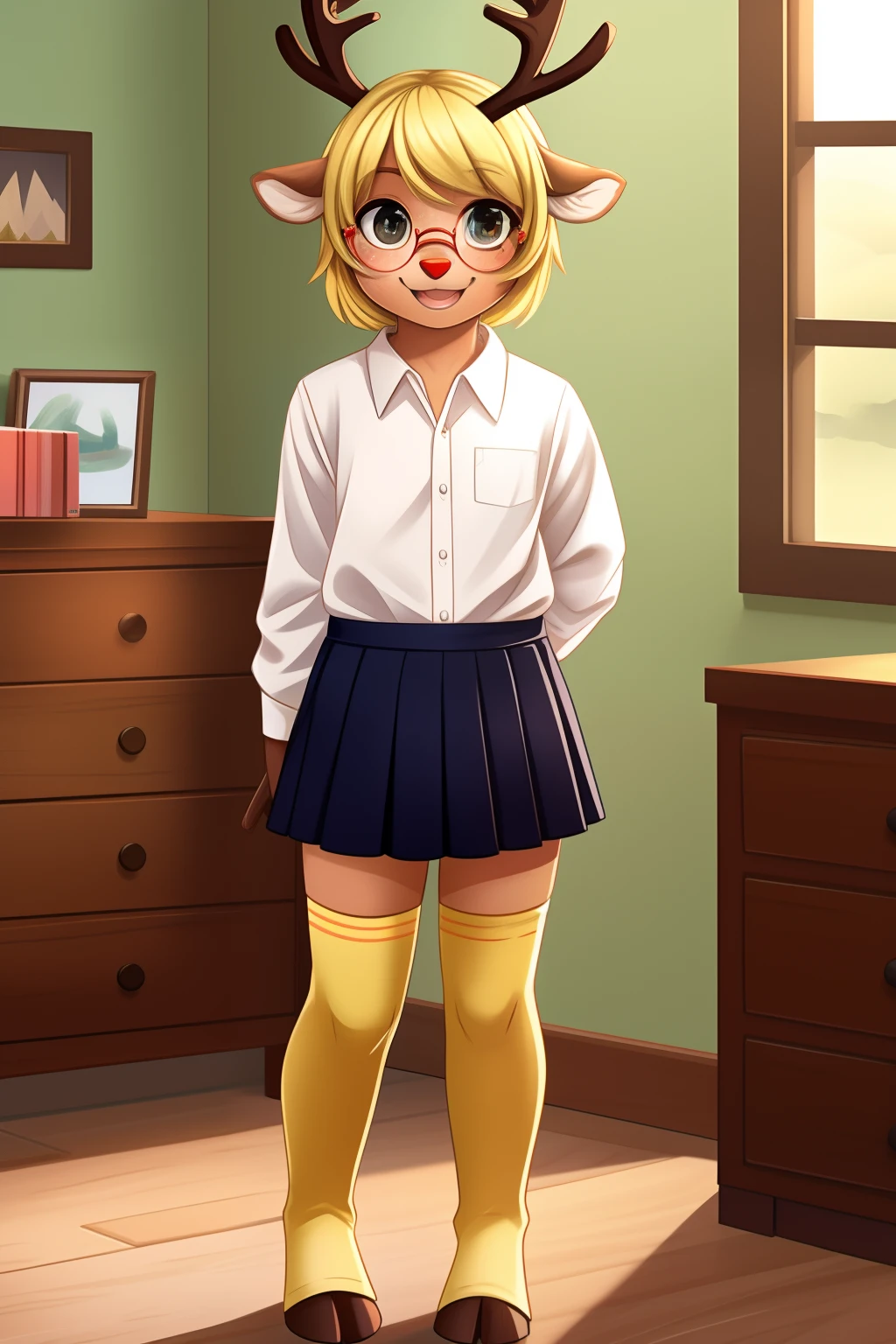 reindeer, young girl, solo, 1girl, bucktooth, freckles, red nose, cute eyes, floppy ears, reindeer antlers, antlers, glasses, white buttoned shirt, white shirt, black skirt, full body, avian feet, avian tail, blonde hair, medium hair, yellow gloves, yellow feet, standing, black pupils, indoors, bedroom, orange skin, yellow thigh highs