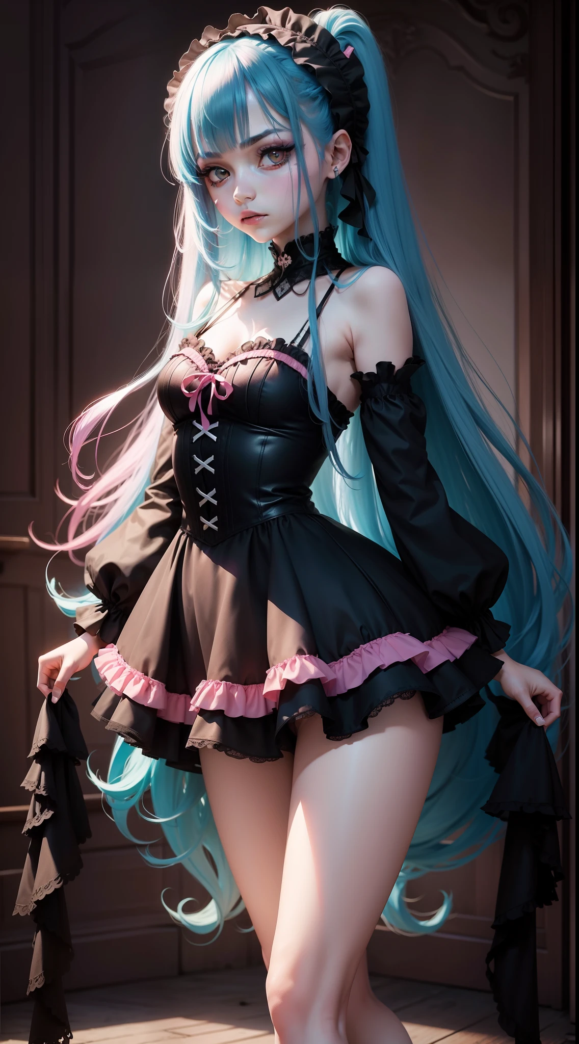 Emo girl with long blue hair and heavy black make-up in a fully pink ballerina outfit, full body