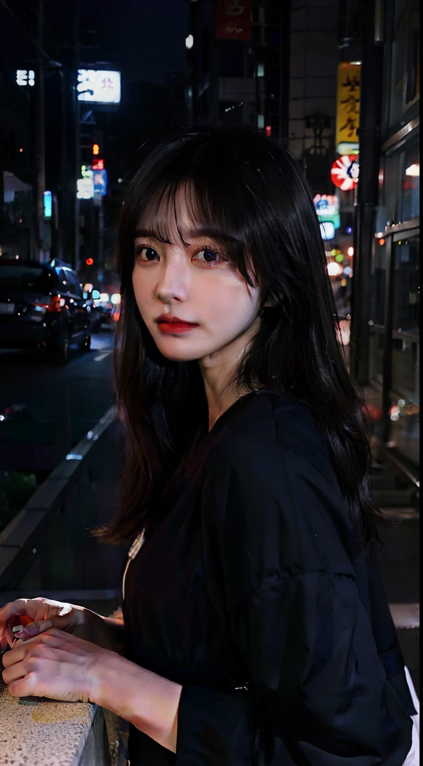 femele、late 20s age、Cool Beauty、TOKYOcty、japanes、Night city、A dark-haired、Longhaire、Pulling photo、realistic