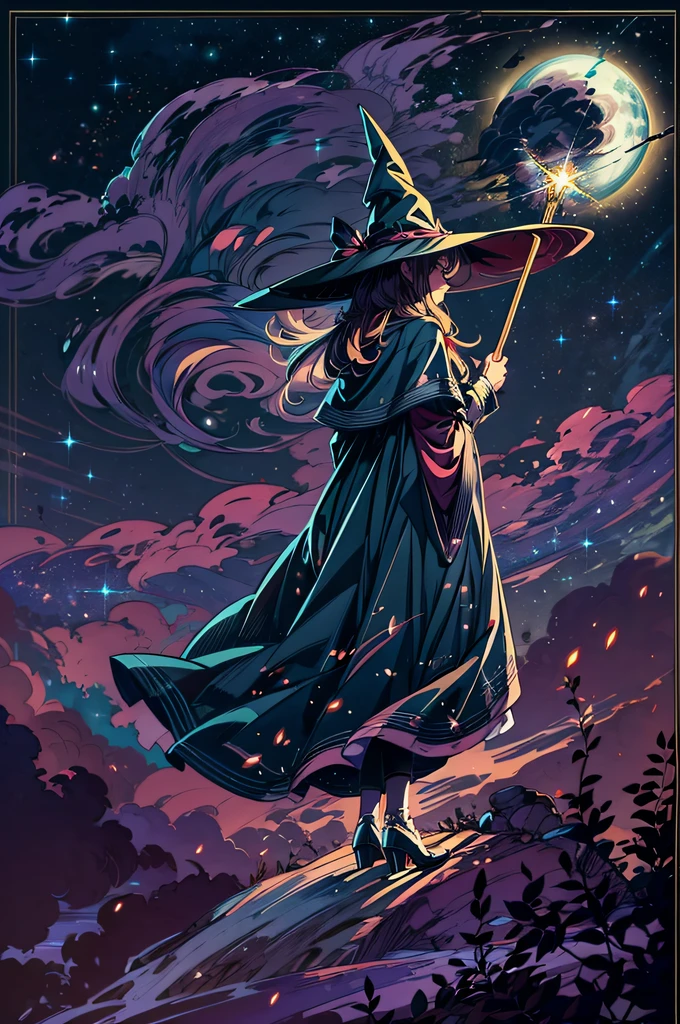 (distant side view), classic pretty witch (standing) on a broomstick in the night sky, (wide hat), noble clothing, new moon, (lightning)