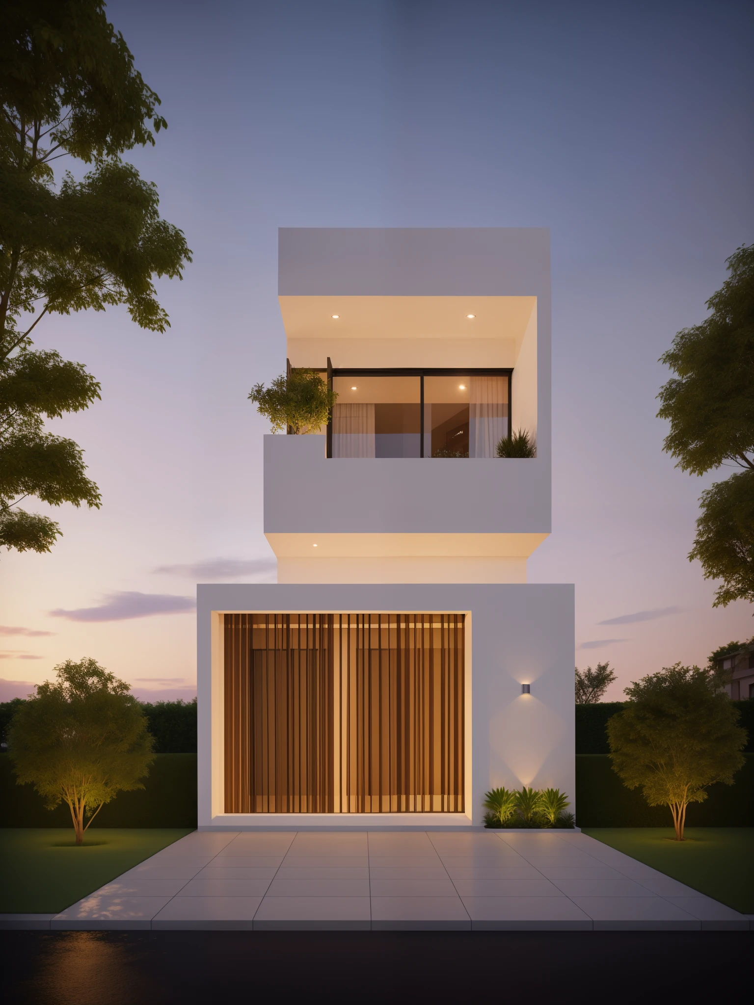 townhouse, sunrise, clear air, morden, day light, cinematic lighting, light fromt indoor:0.7, tree decor