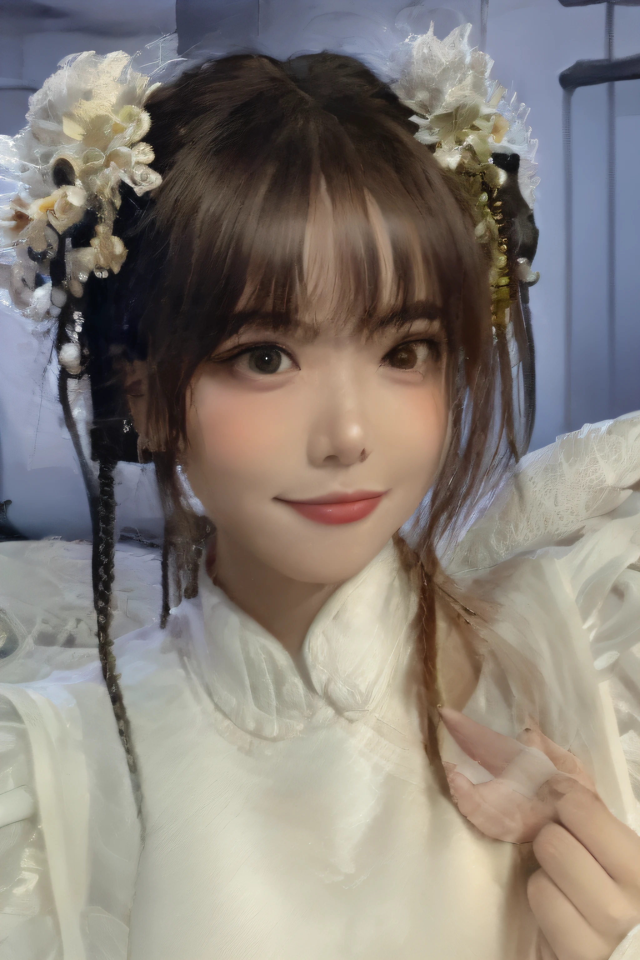 There is a gilr have big eyes, dress a white shirt,  jean pant, red shoes, white pink skin, have a clock hand and bag in the back