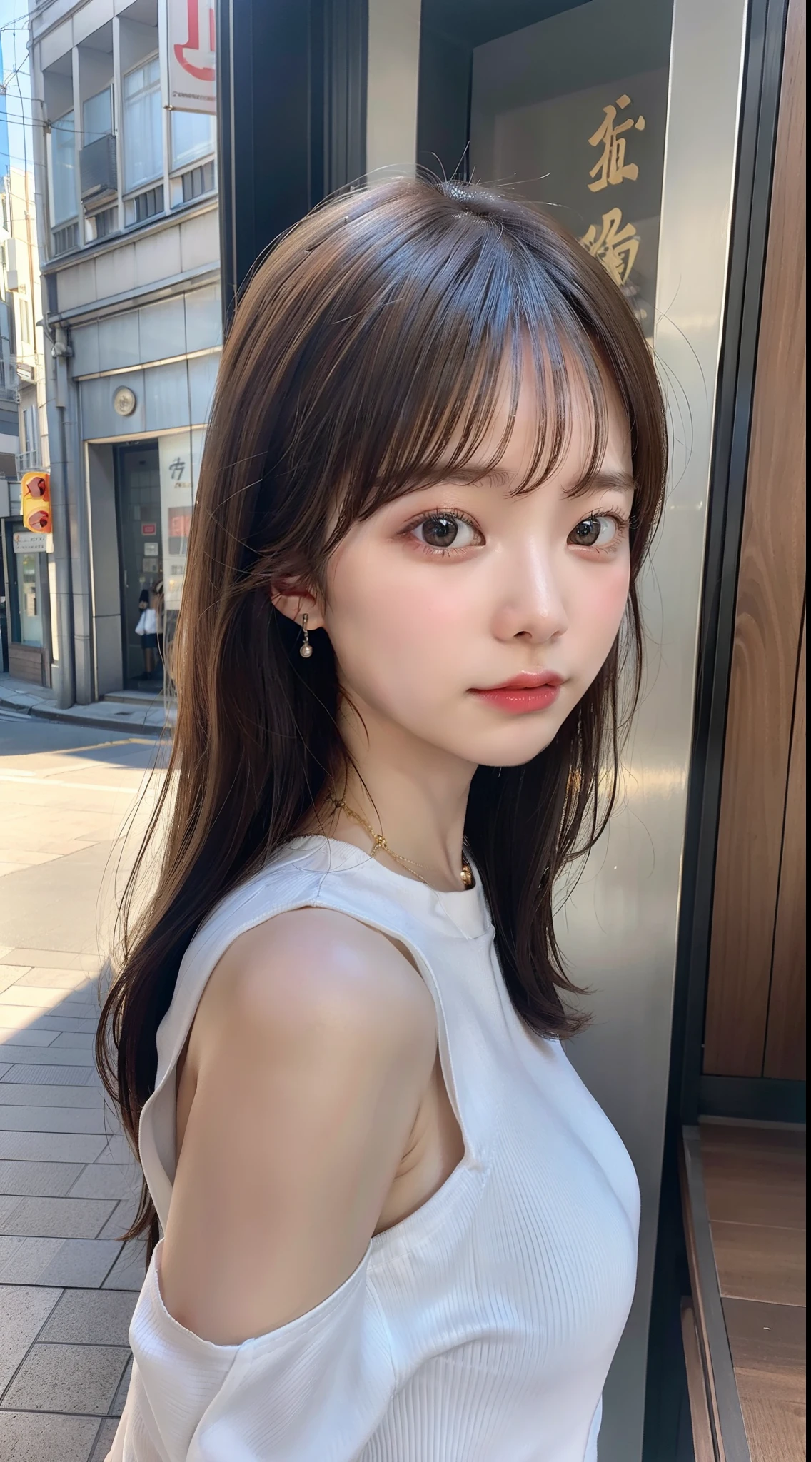 1girl in、in 8K、Raw photography、top-quality、​masterpiece、realisitic、Photorealsitic、1girl in、Daytown、Pulling photo、de pele branca、Inside the  shop、Warm light、Longhaire、Sheer sunlight、The city of Tokyo、pretty skin、blouse、off shoulders