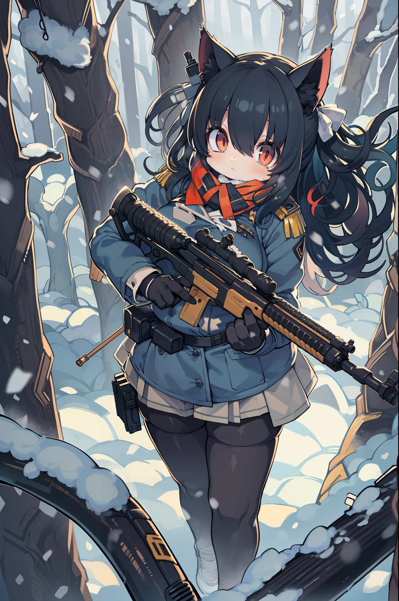 snowy forest, Black hair, Cat ears, Cat Girl, Red Eyes, As I ran, officer uniform, , Germany, Black Officer Uniform,huge-breasted、Giant Sniper Rifle、From the top、Overhead view,Very Wide Shot