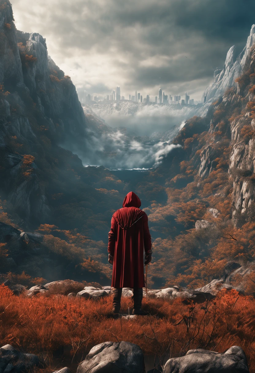 Realistic, 4k, Um anjo com grandes asas, uma espada, a hood over his head in the background image of a war (caos)