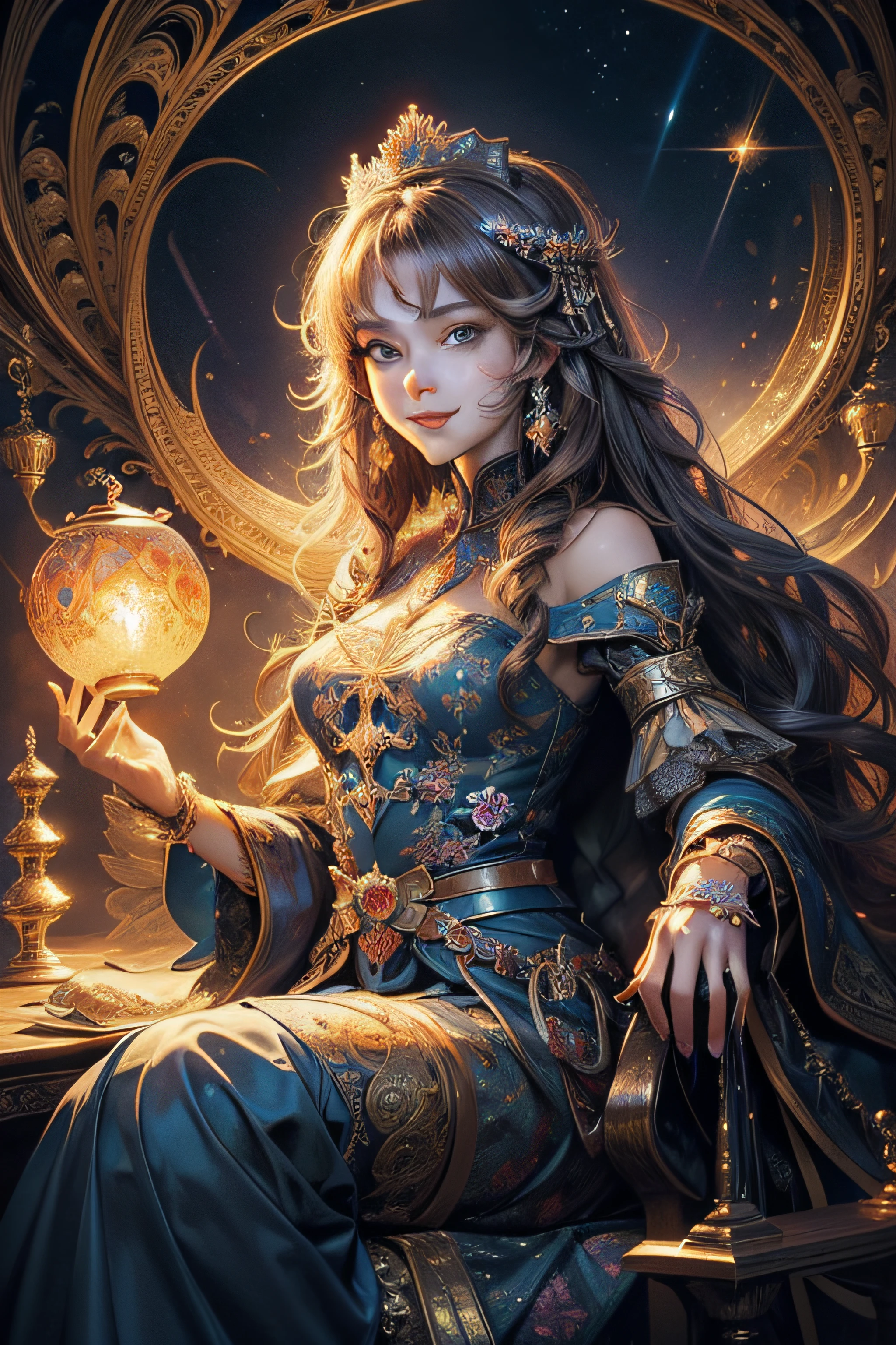 (masterpiece, top quality, best quality, official art, beautiful and aesthetic:1.2), (1girl), cute, smirky smile, adorable eyes, extreme detailed,(fractal art:1.3),colorful,highest detailed, royal, princess, crown, castle