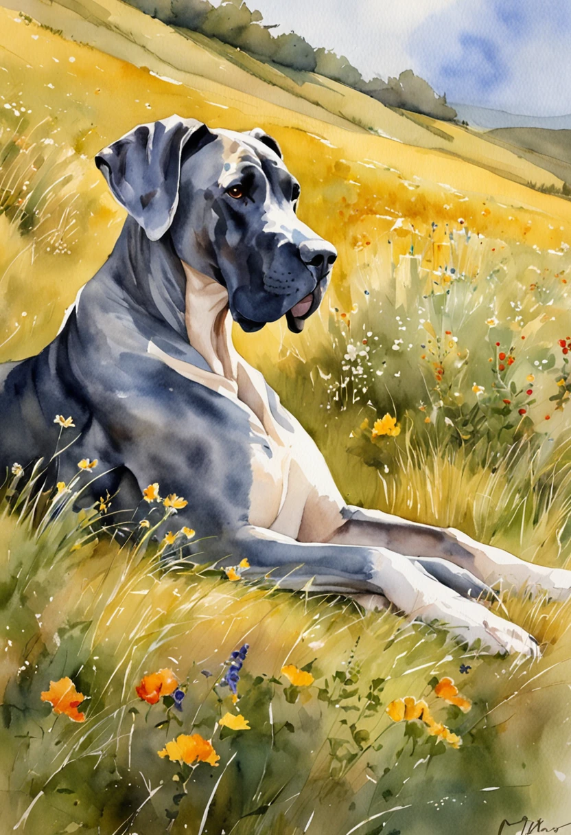 Great Dane lounging in the sun on a grassy hillside in the Italian countryside, Its fur shines in the light.
