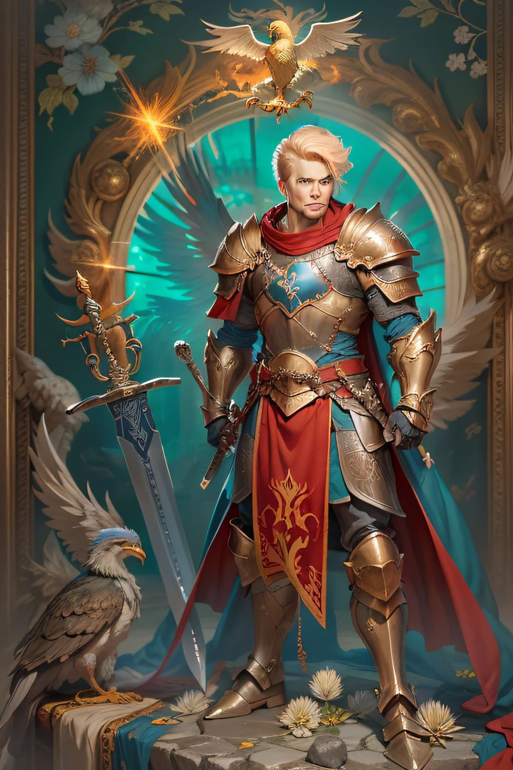 A valiant knight in gleaming armor poses heroically with sword held high. He has short blonde hair and intense blue eyes focused with determination. Under the steel breastplate he wears a red tabard emblazoned with a golden phoenix. Engraved steel gauntlets protect his hands tightly gripping the hilt of a broadsword with a winged crossguard. A brilliant sunburst pattern adorns the blue scabbard at his waist. He stands tall and proud, ready to fight evil. Concept art includes:

- Gleaming steel armor engraved with phoenix emblem 
-Phoenix red tabard over chainmail 
- Intricate winged broadsword and sunburst scabbard
- Blonde short hair and intense blue eyes
- Engraved gauntlets on hands gripping sword
- Heroic confident stance and expression