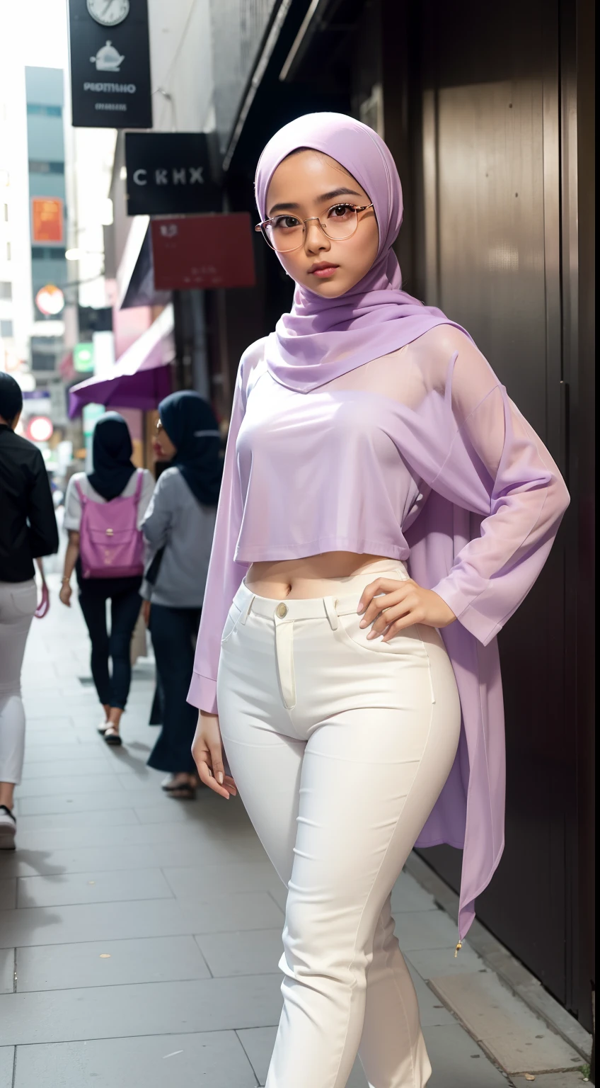 Cute Young malay girl in pastel lilac hijab and white over sized shirt with high waists tight pants walking in crowded city street, girl wear glasses, catwalk, bright lighting, professional photography, portrait photography, ultra realistic, city background, morning, perfect body, thick thighs, small waists, small abs, long leg, medium shot, camel toe,