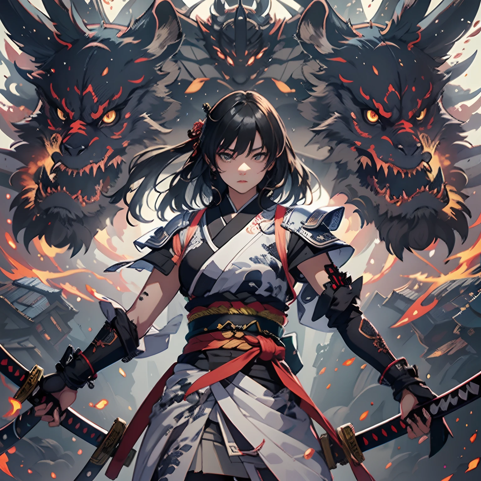 (Photorealsitic:1.4),((from back view:1.6)),, (Fanning angle:1.6), (Samurai girl confronts a giant demon:1.2), (beautifully detailed eyes), (beautiful and detailed face), Perfect female body, (neat figure:1.2), Slender waist, (18year old),Very big eyes, (Sober haori hakama:1.4),(Modern haori and black gauntlet), long boots, (Fight with beautiful Japan swords:1.4), Best Quality,Ultra-detailed, High resolution, extremely details CG, Unity 8k壁纸, Official art, production art, novel illustration, by famous artist, Caustics, textile shading, super detailed skin, Perfect Anatomy, Detailed, Cinematic lighting, Dynamic lighting, Beautiful detailed eyes, (top-quality), (ultra-detailliert), (masuter piece), (hight resolution), (Original), Character Design, Game CG, Detailed Manga Illustration, Realistic head-to-body size ratio:1.2