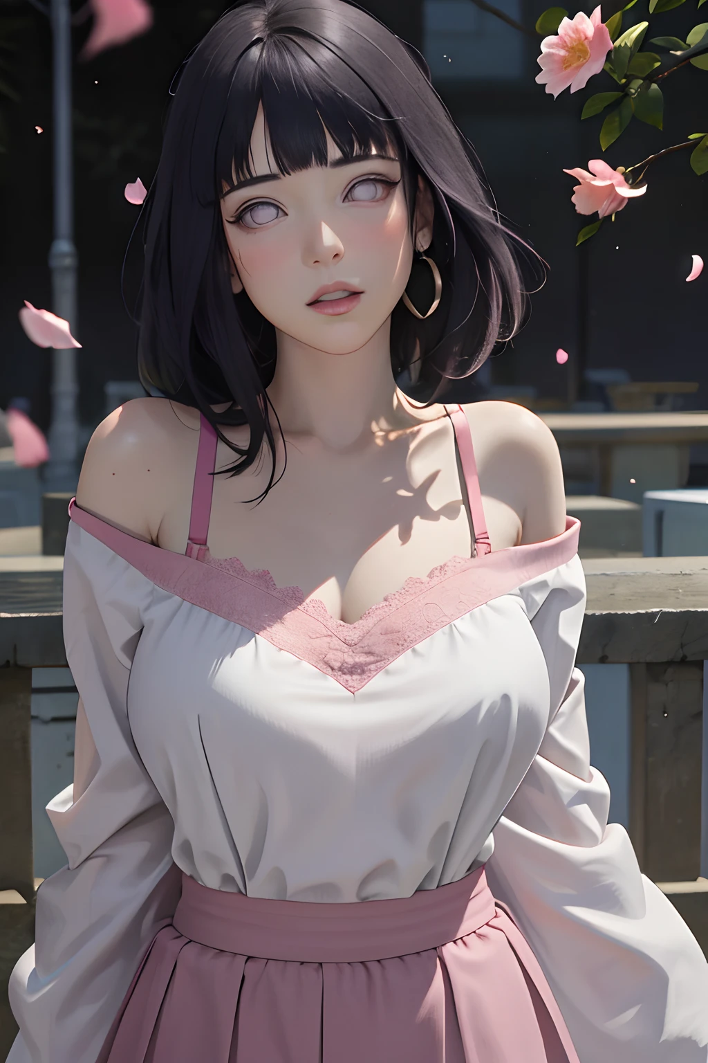 masterpiece, absurdres, hinata\(boruto\), 1girl, solo,mature female, off-shoulder ,bra straps visible, high waist short skirt, looking at viewer, (falling petals), perfect composition, detailed lips, big breast, beautiful face, body propotion, blush, (pink lips), long hair, purple eyes, soft gaze, super realistic, detailed, photoshoot, realistic face and body,