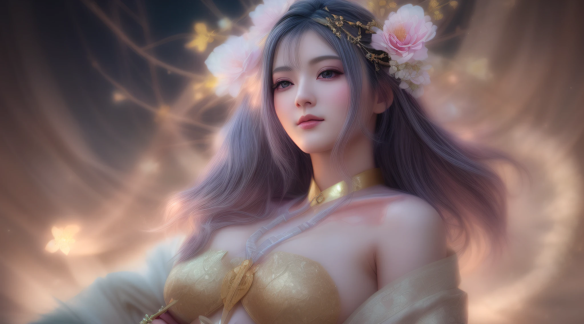 ((from below)), ((full body)), ((realistic)), ((cross legged)), Beautiful young girl, Sexy goddess, slender leg, cold light, the night, starrysky, (hanfu, Floral, One shoulder), (in pink, gold colors), Detailed scenes, Beautiful digital illustration, the detail,Hyper-detailed, (best qualtiy,tmasterpiece), ((gigantic breasts)), ((Breasts veins:1.5)),((Slim abdomen: 1.4)),flowing magical robe,